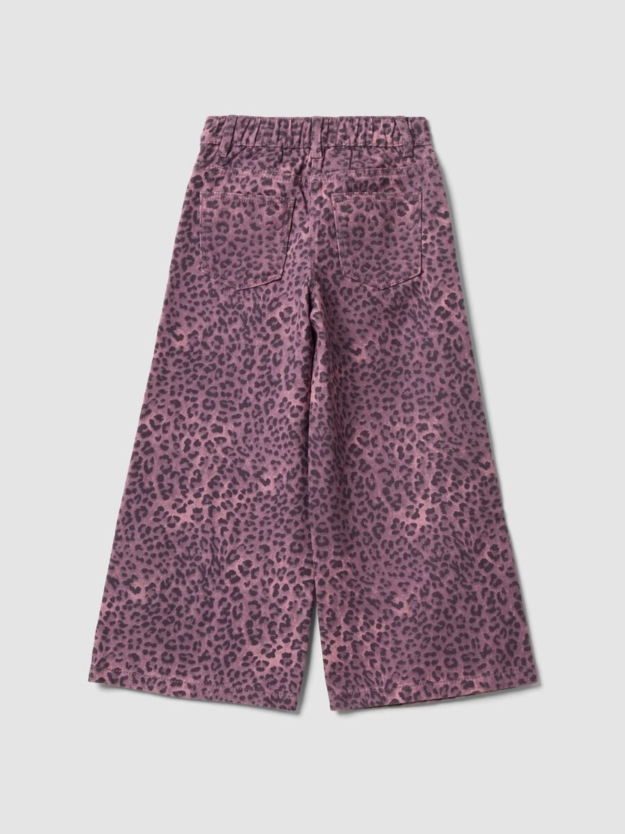 Pantaloni viola wide leg in puro cotone con fantasia animalier per bambina_1