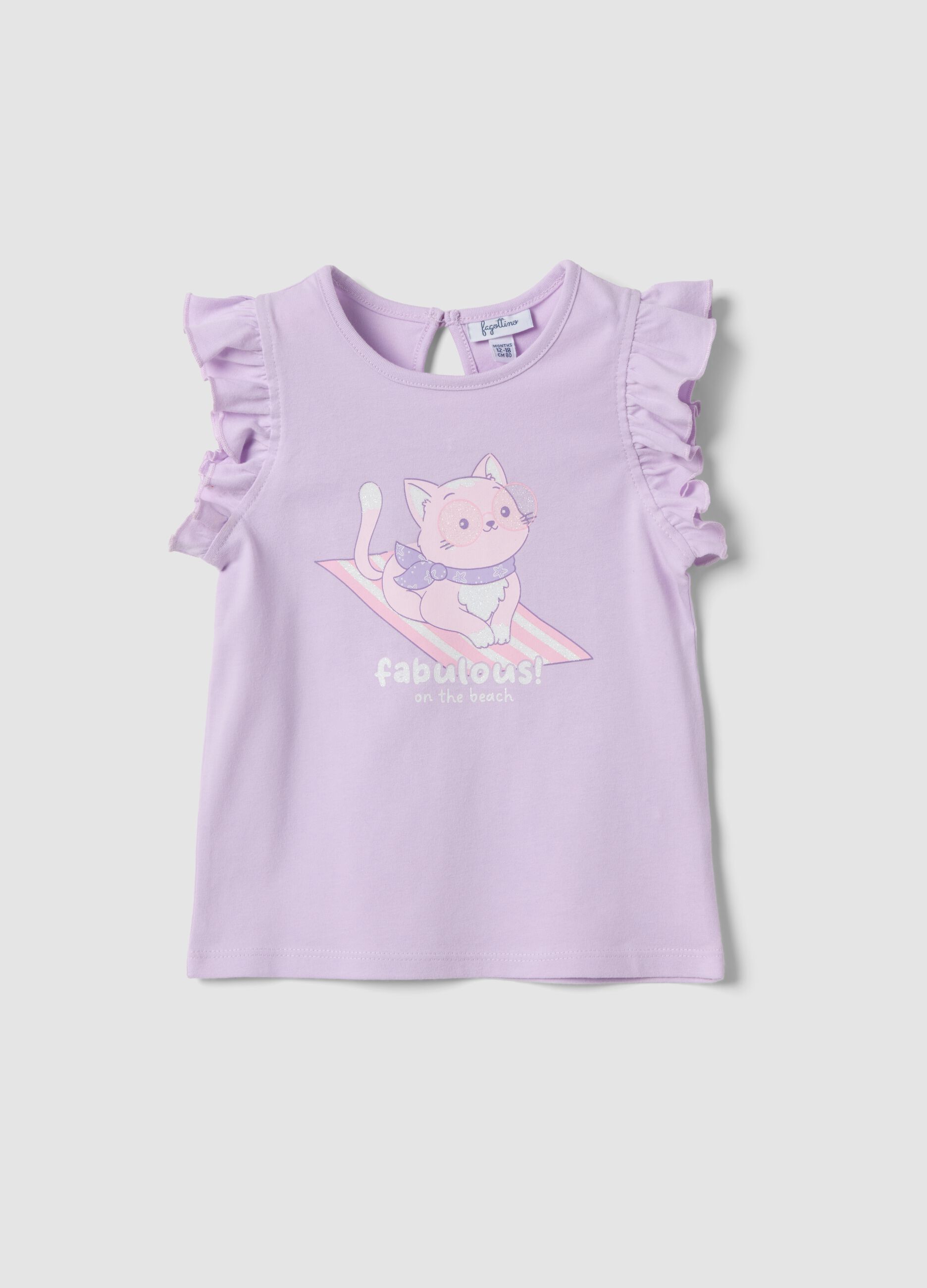 Purple organic cotton girls&rsquo; tank top with print and ruffles