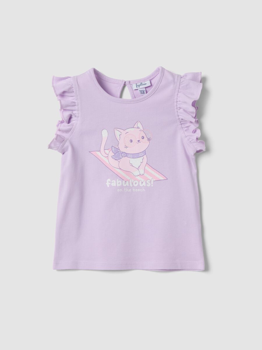 Purple organic cotton girls&rsquo; tank top with print and ruffles_0