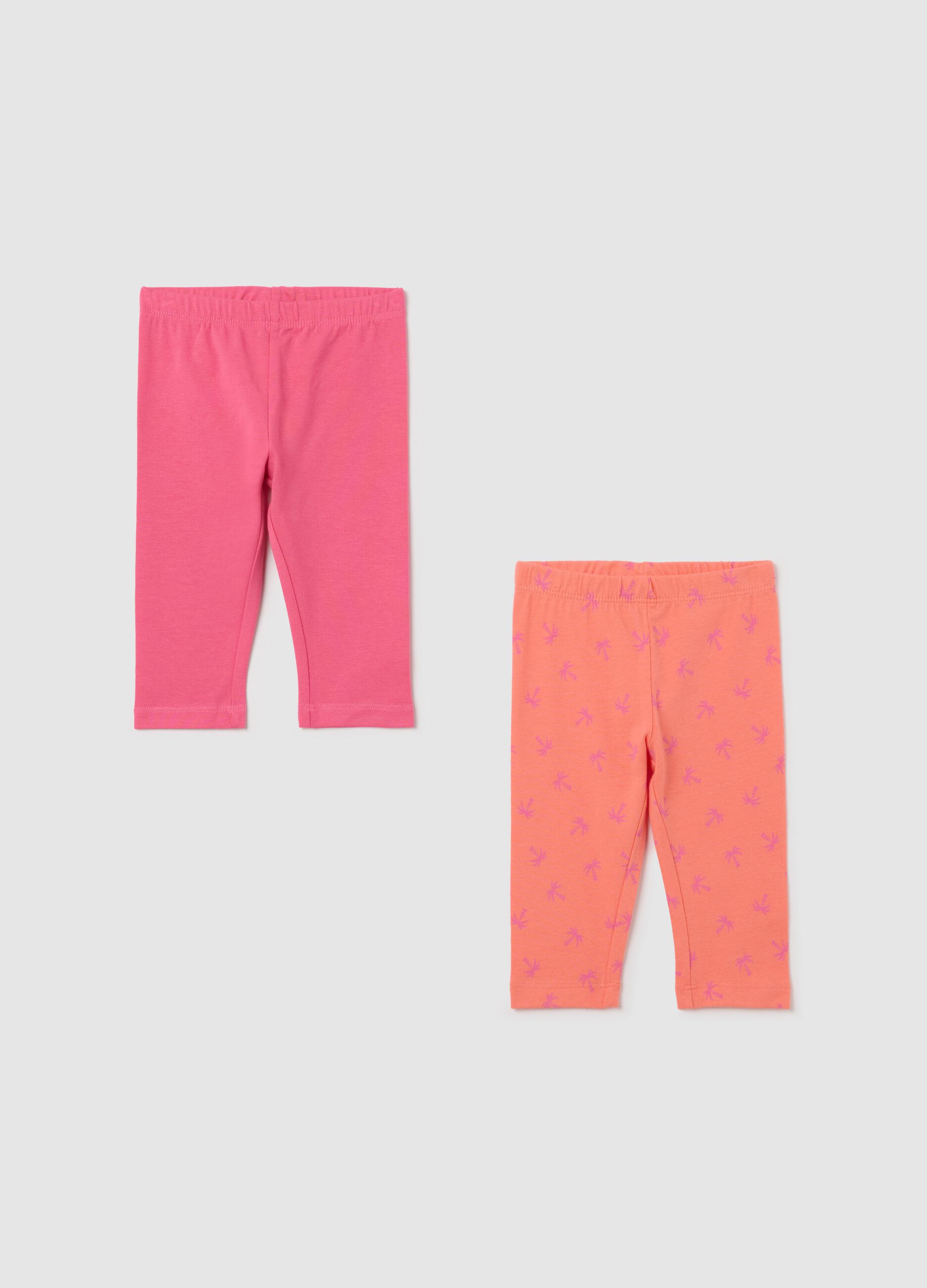 Two-pack pink and orange three-quarter leggings with print