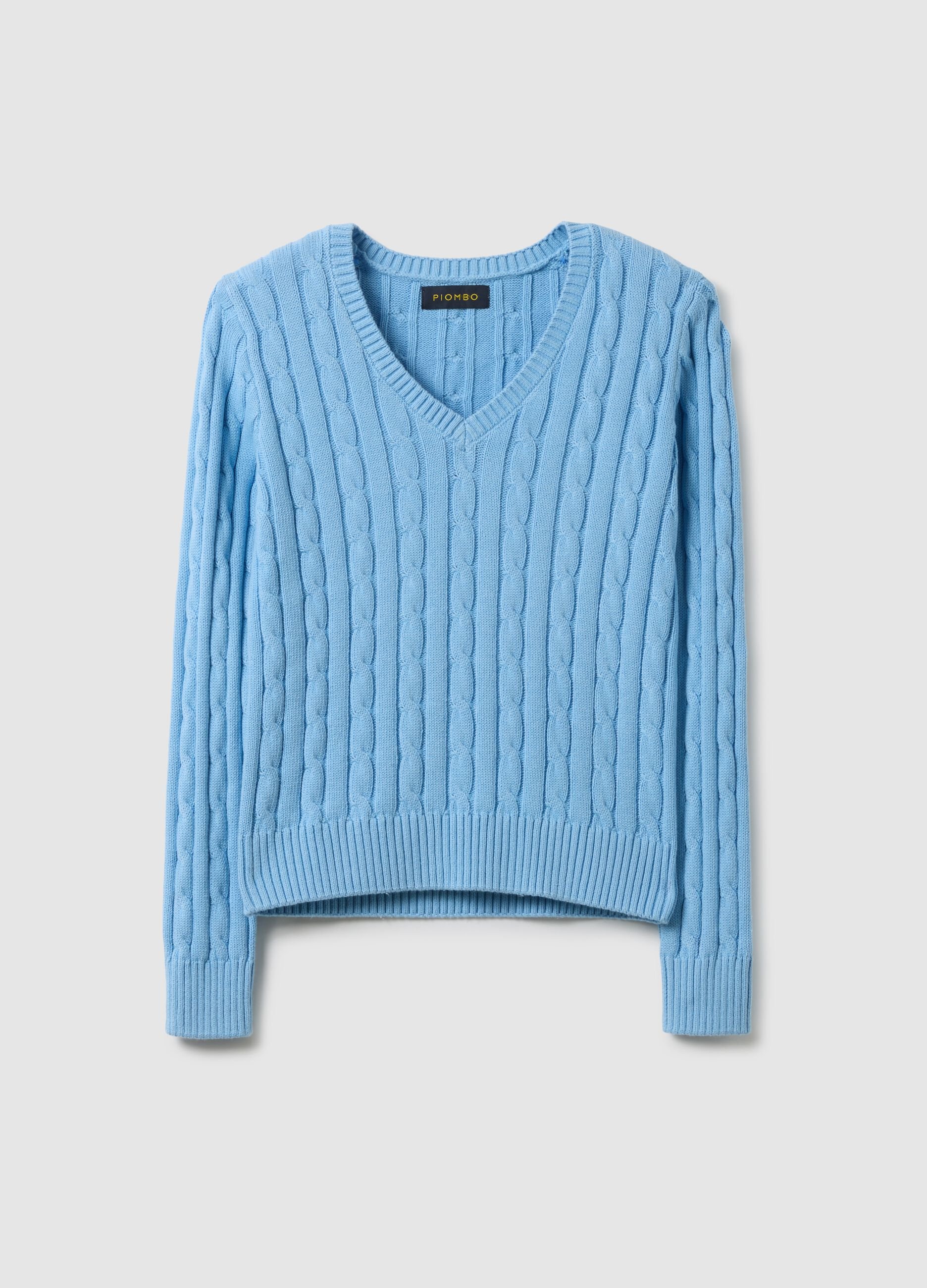 Pullover azzurro in puro cotone regular fit con lavorazione a treccia