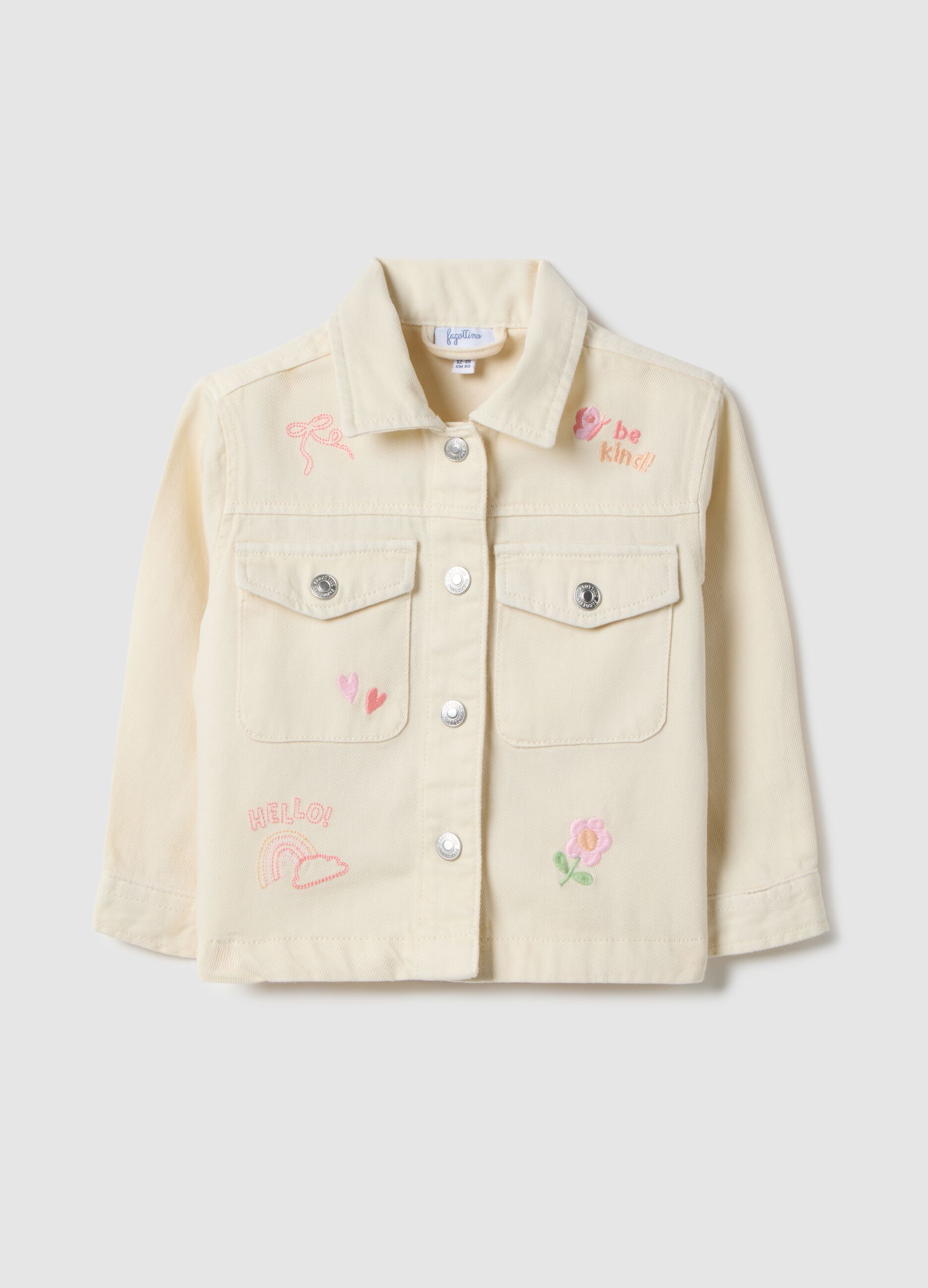 Girls' beige pure cotton jacket regular fit with embroidery
