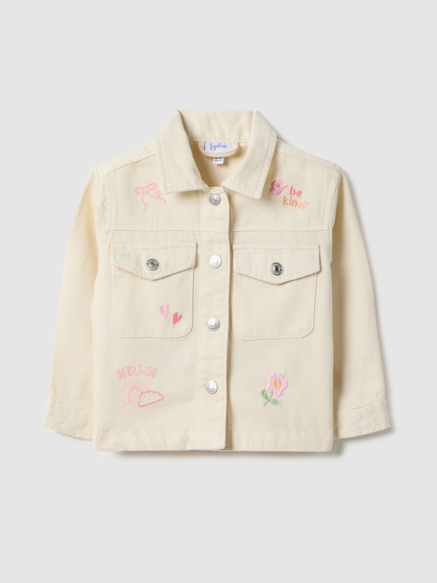 Girls' beige pure cotton jacket regular fit with embroidery_0