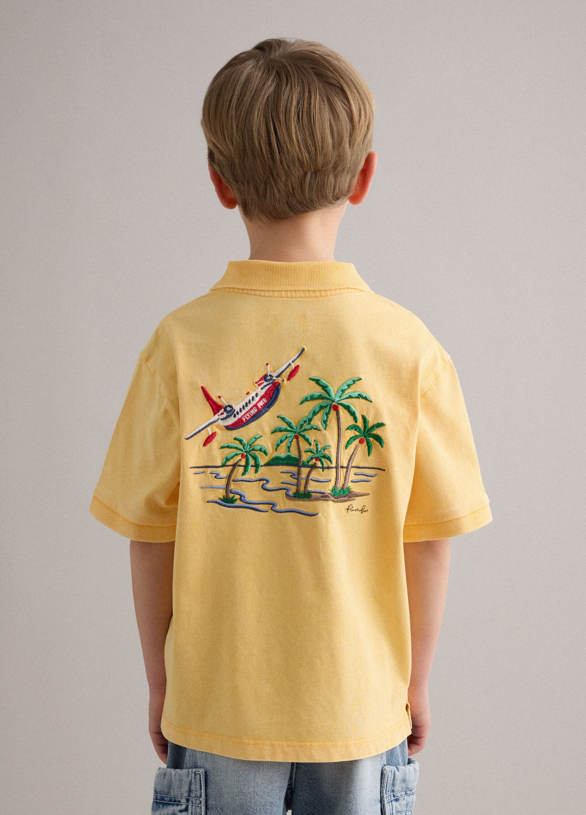 Polo in puro cotone gialla da bambino regular fit con ricami