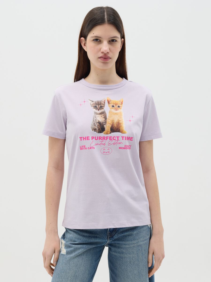 Purple T-shirt in cotton with kittens print_0