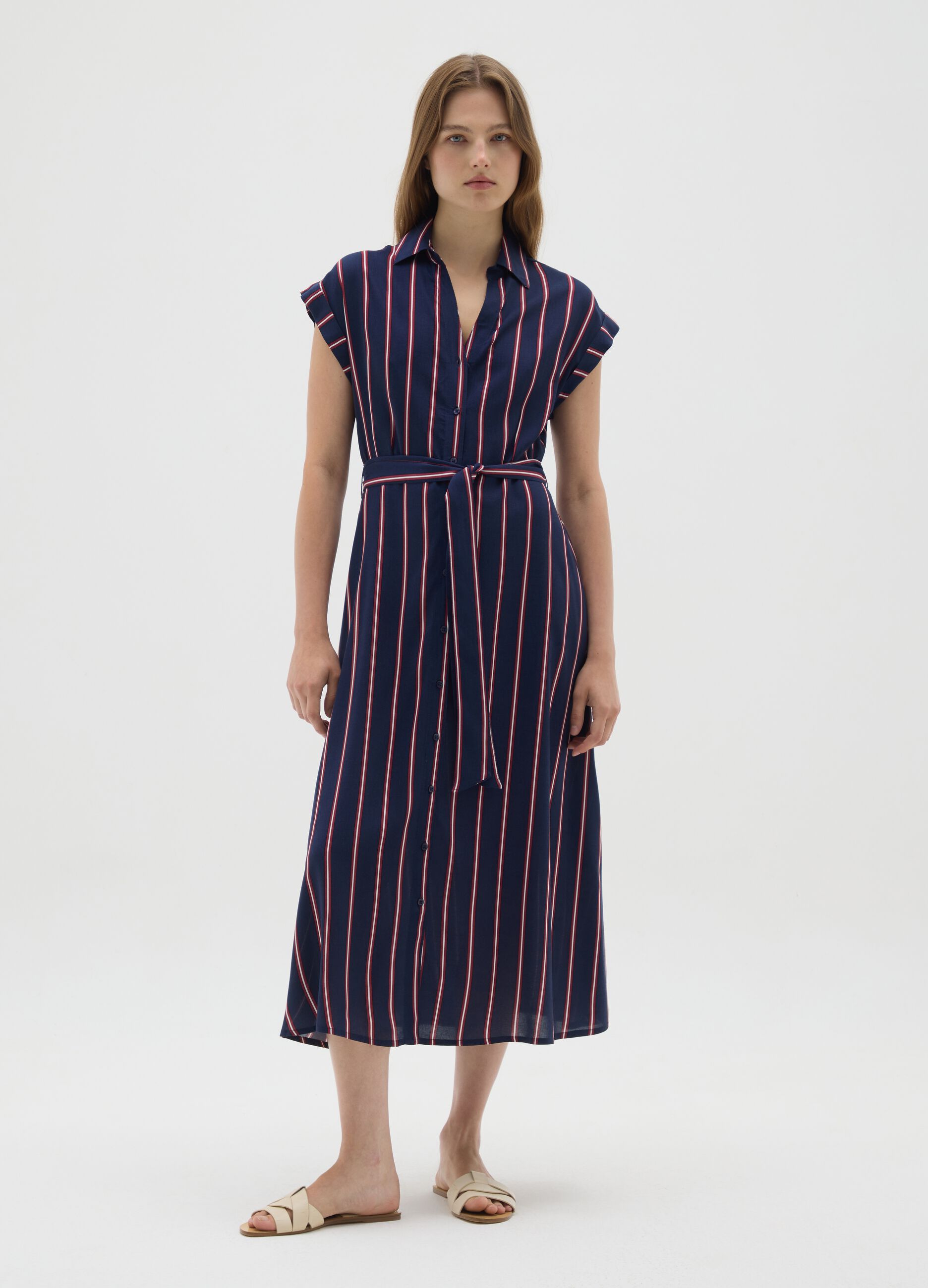 Long Blue and Red Striped Shirt Dress