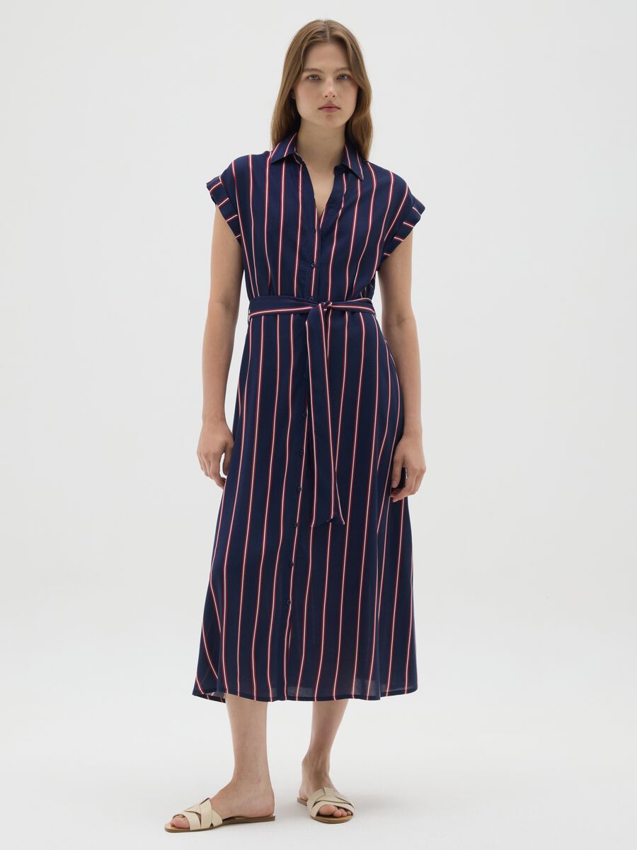 Long Blue and Red Striped Shirt Dress_0