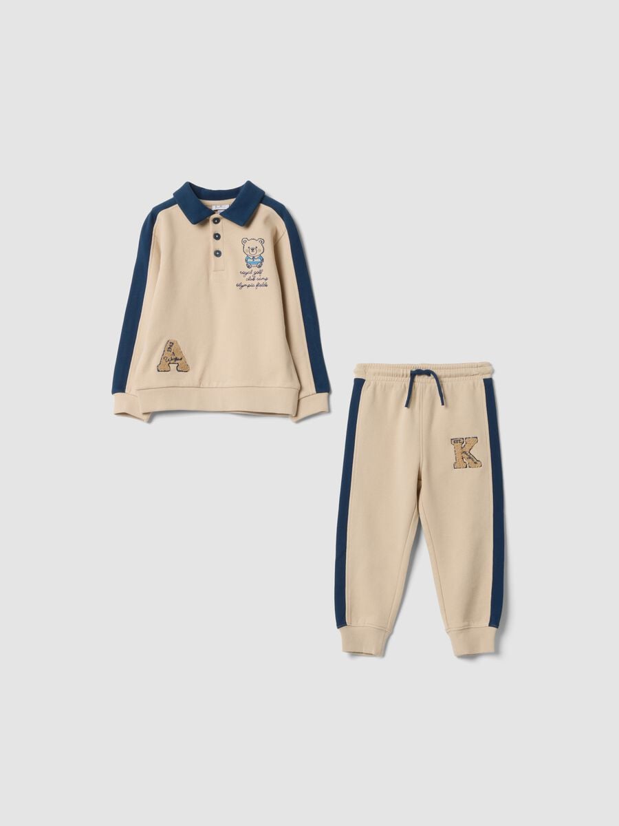 Beige organic cotton jogging set with raised prints_0