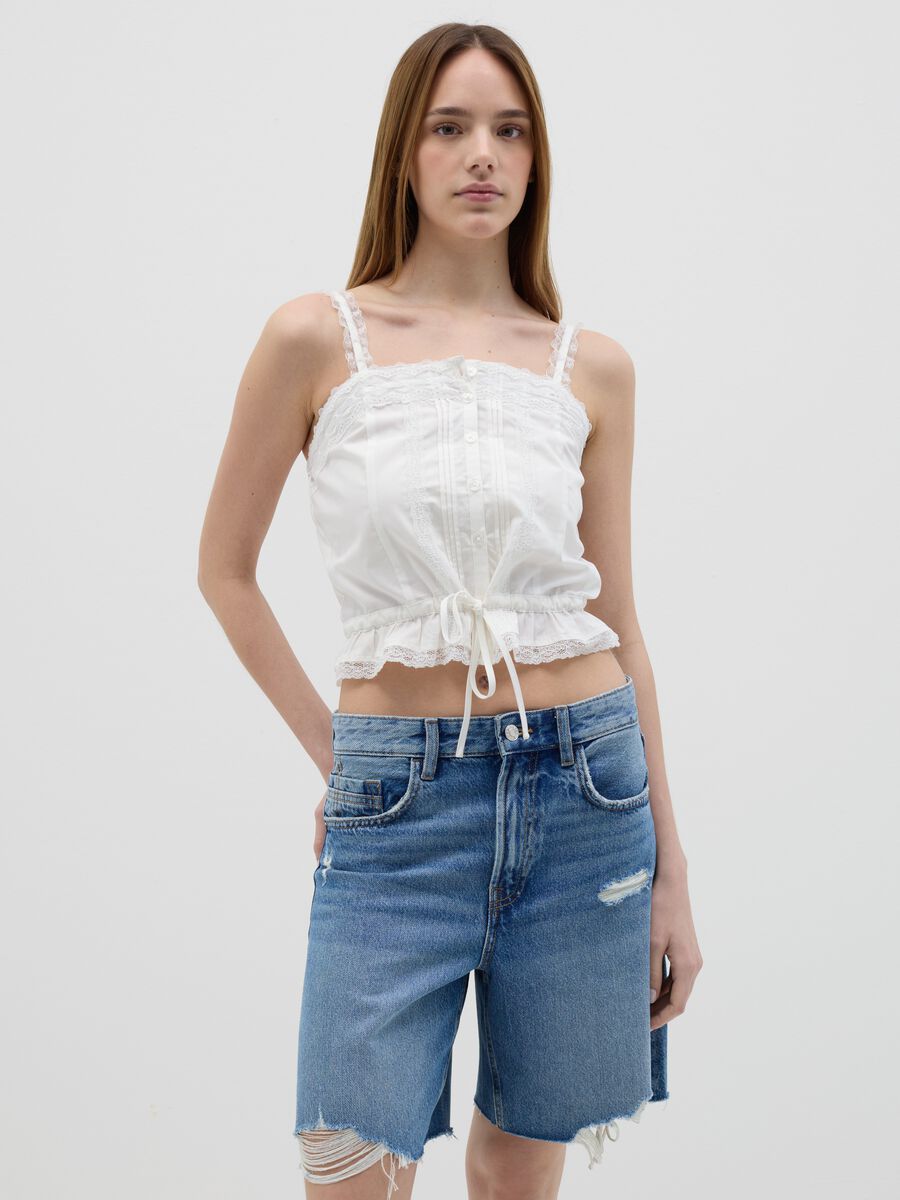 Women’s white regular-fit vest top in 100% cotton with lace detail_0