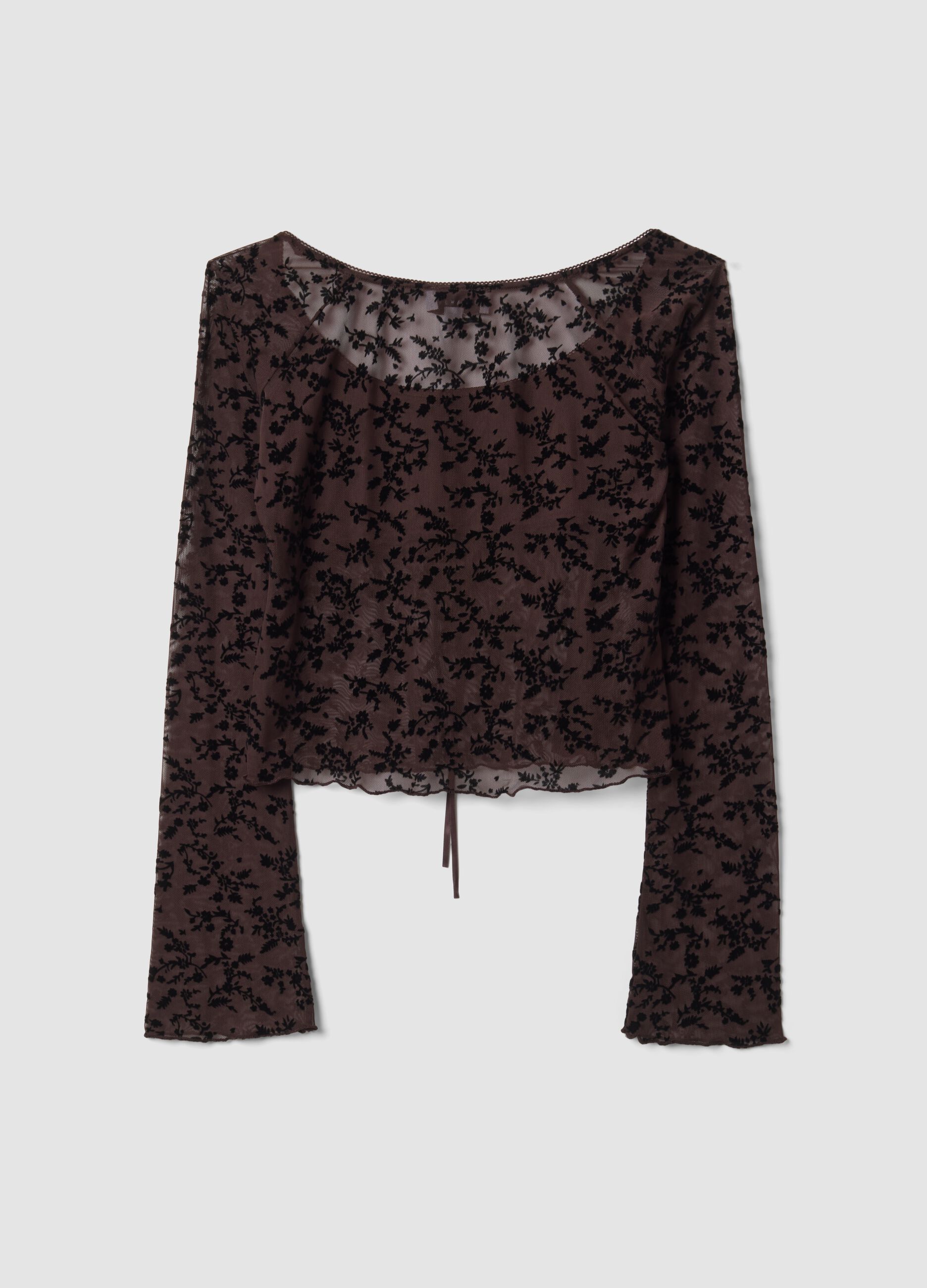 Brown stretch T-shirt with flocked floral pattern