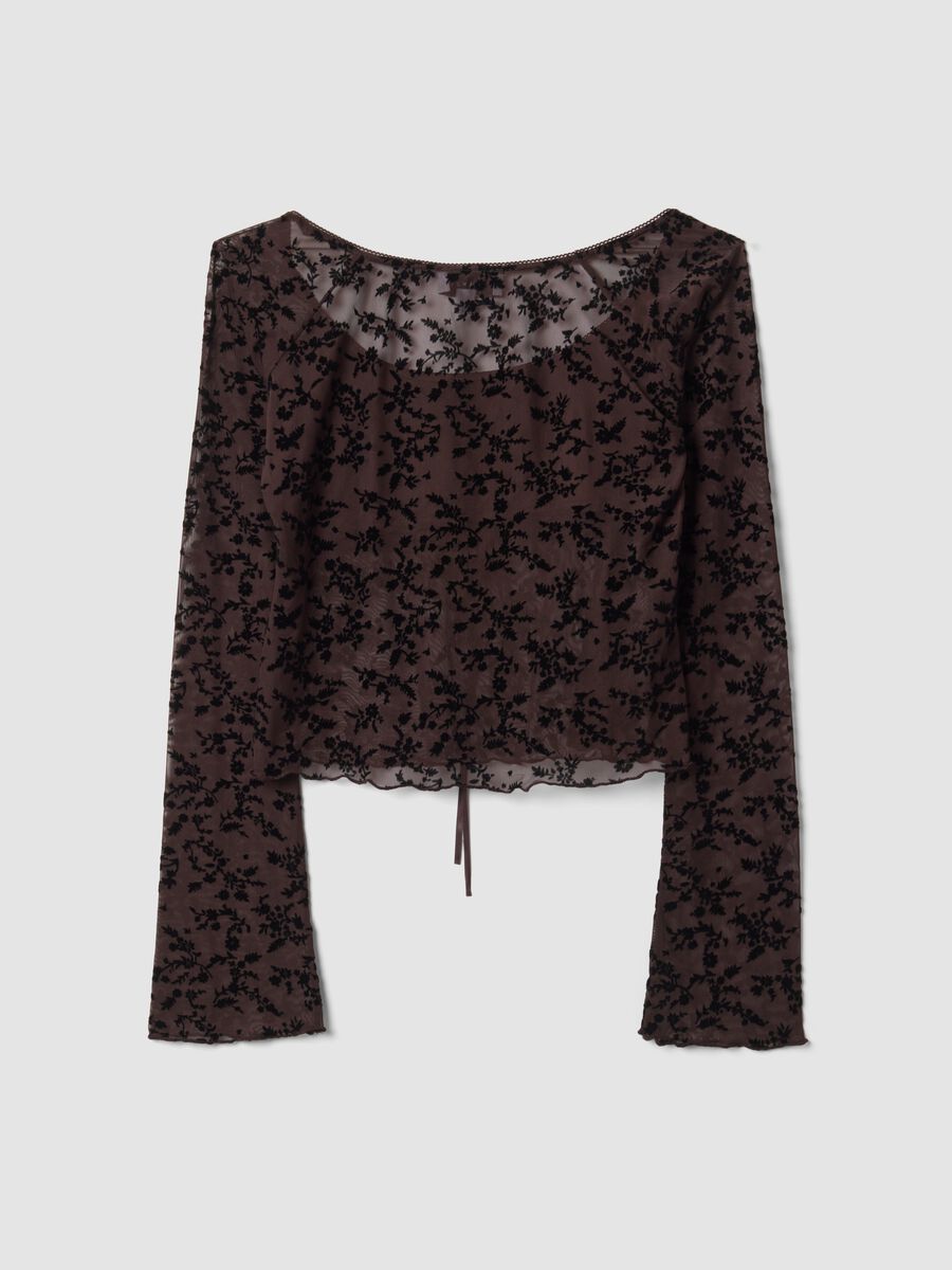 T-shirt marrone in tessuto elasticizzato con fantasia floreale floccata_2