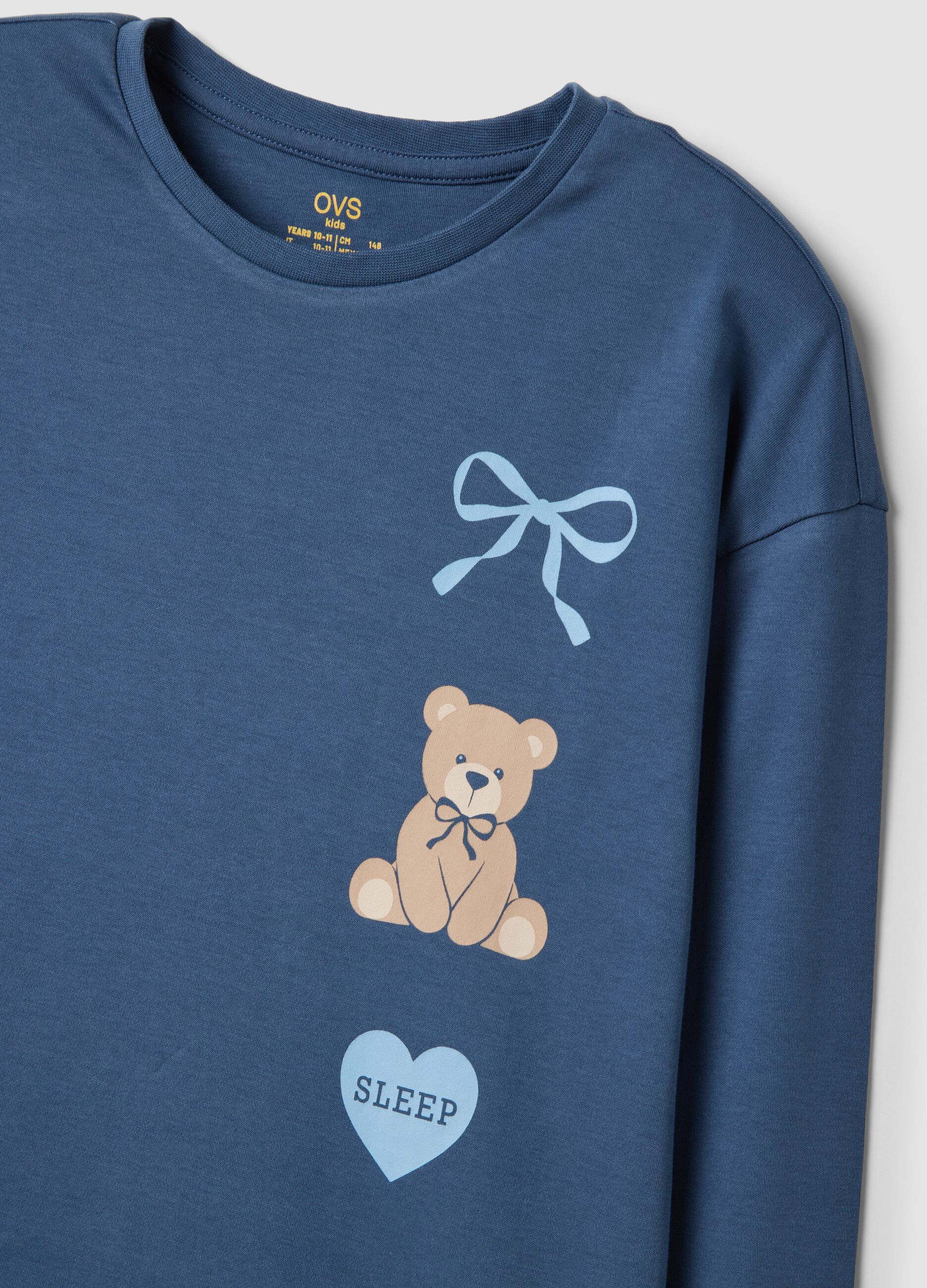 Blue pure organic cotton pyjamas with teddy bear for girls
