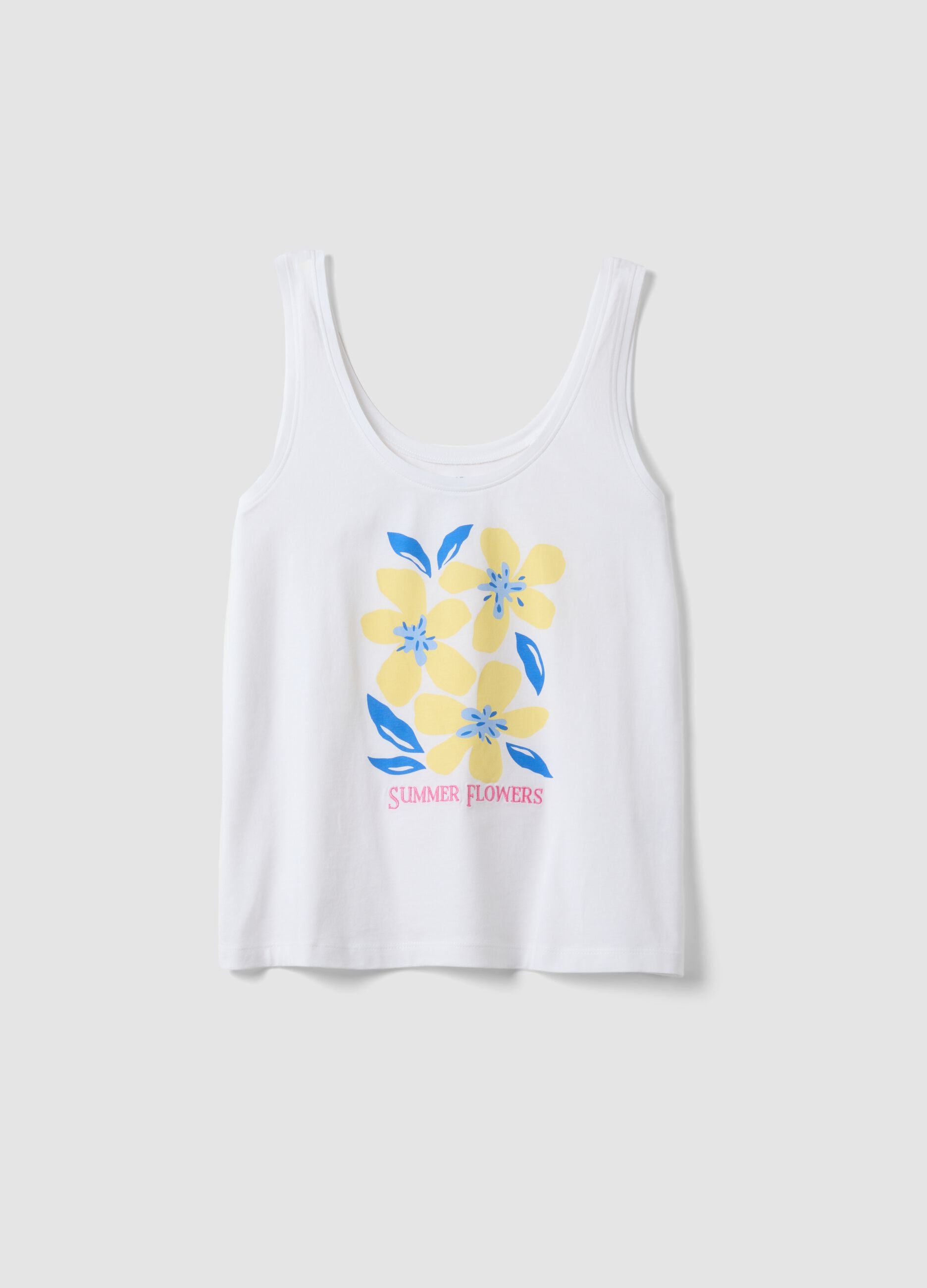 White organic cotton pyjama vest, regular fit, with floral print