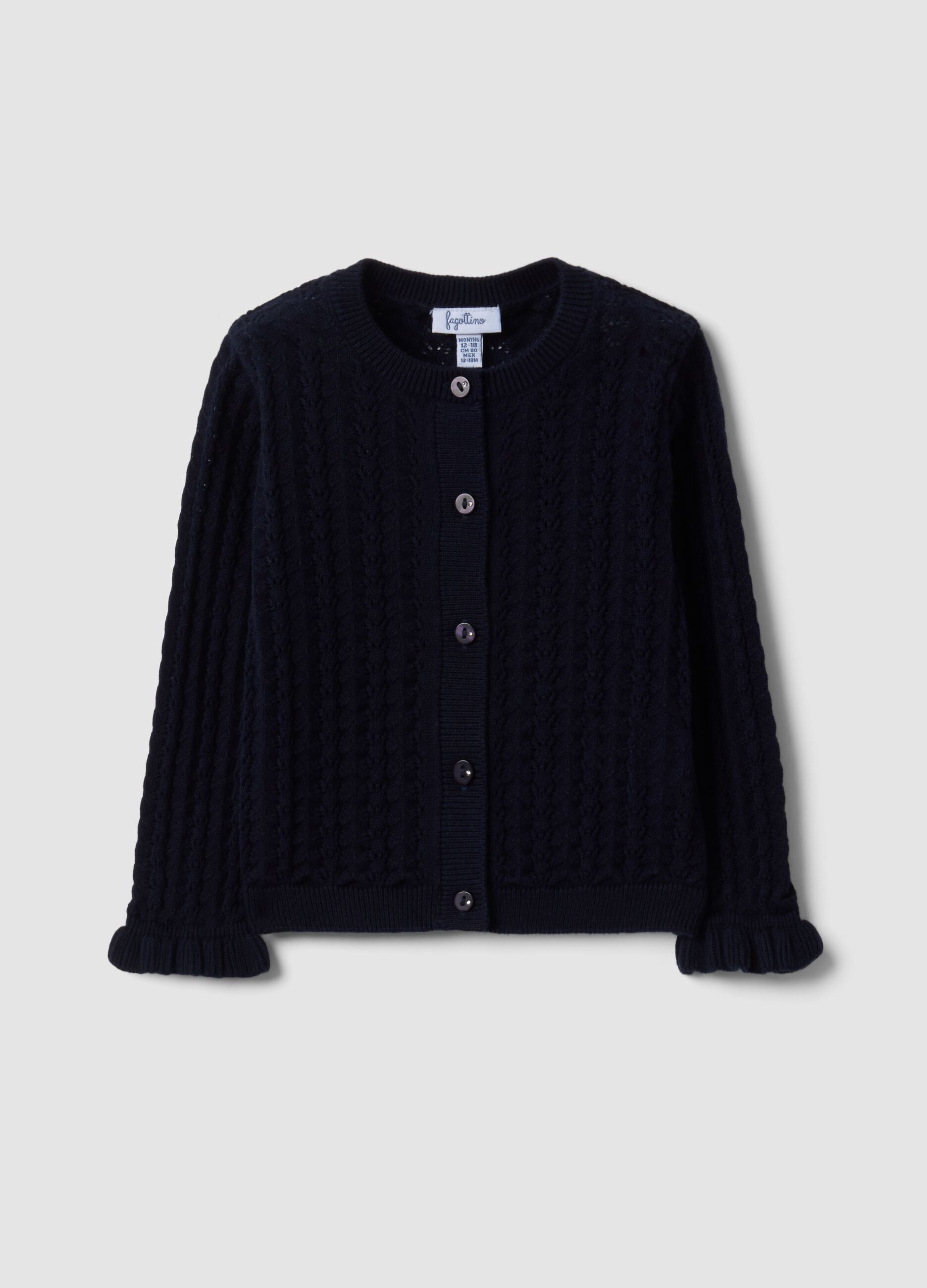 Blue pure cotton openwork knit cardigan for baby girls