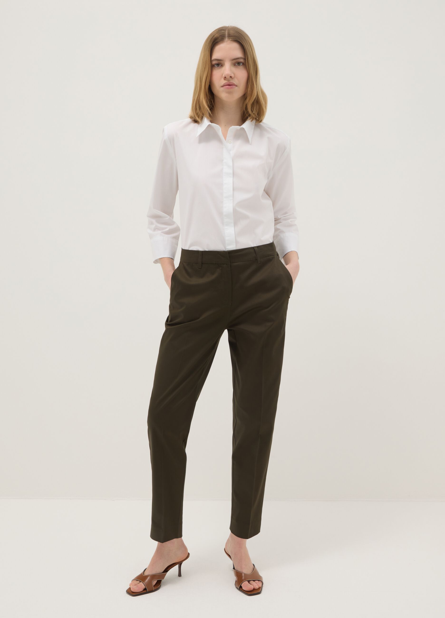 Brown stretch cotton satin trousers regular fit