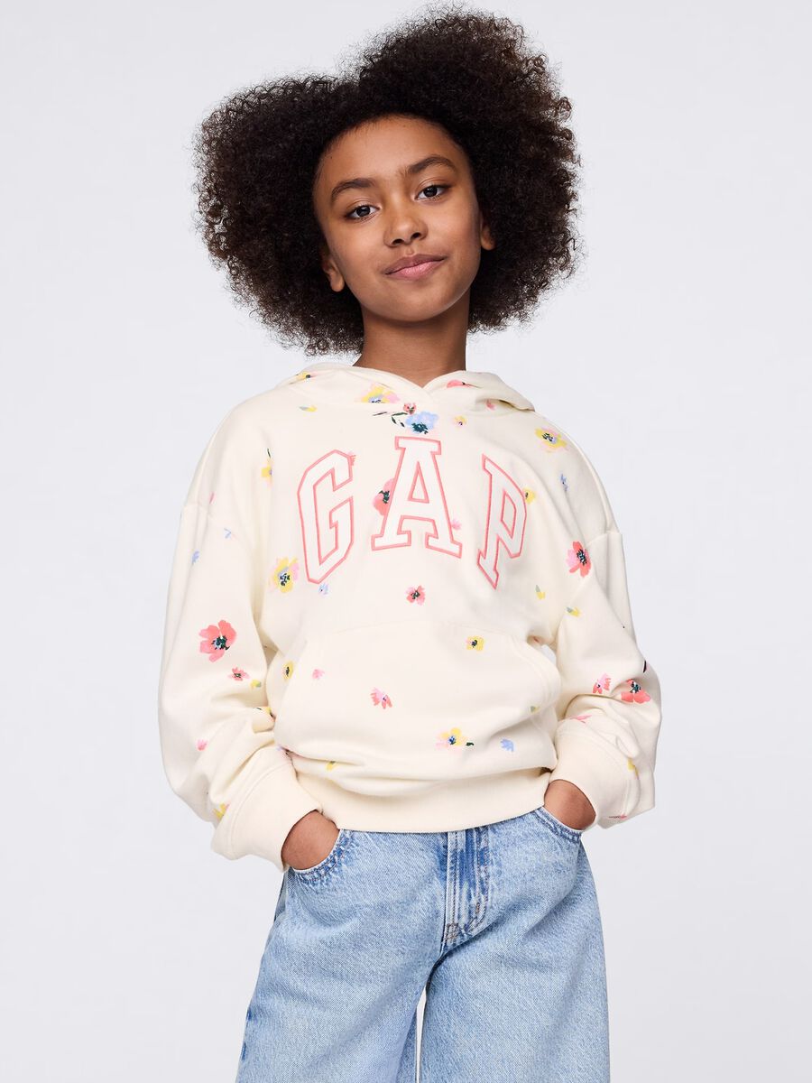 White sweatshirt with hood, flowers print and logo embroidery_0