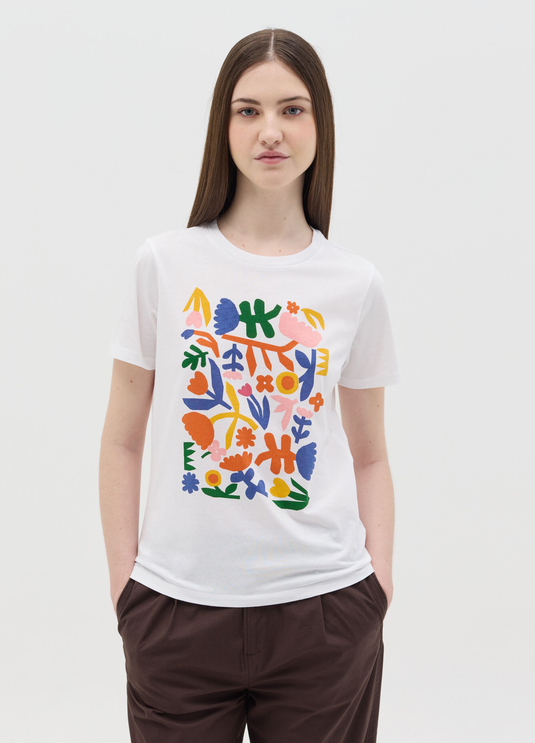 White cotton T-shirt with floral print