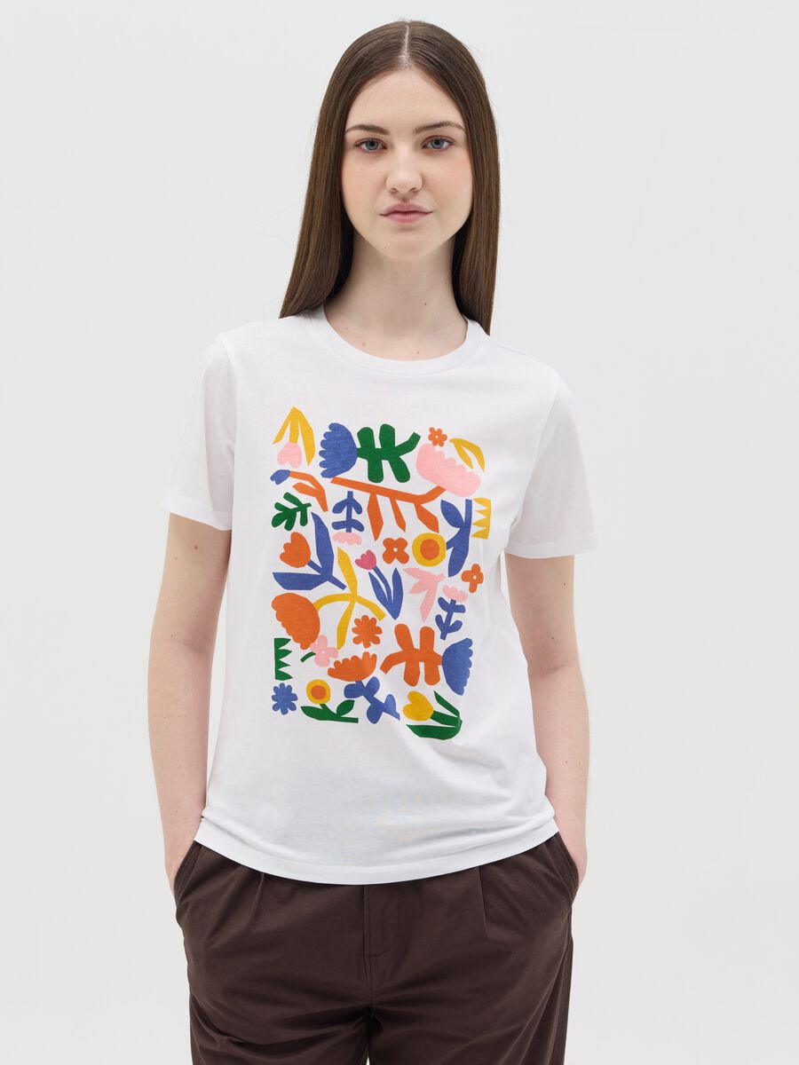 White cotton T-shirt with floral print_0