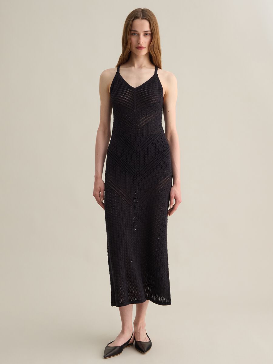 Black long dress in pure cotton with transparent details Piombo_0