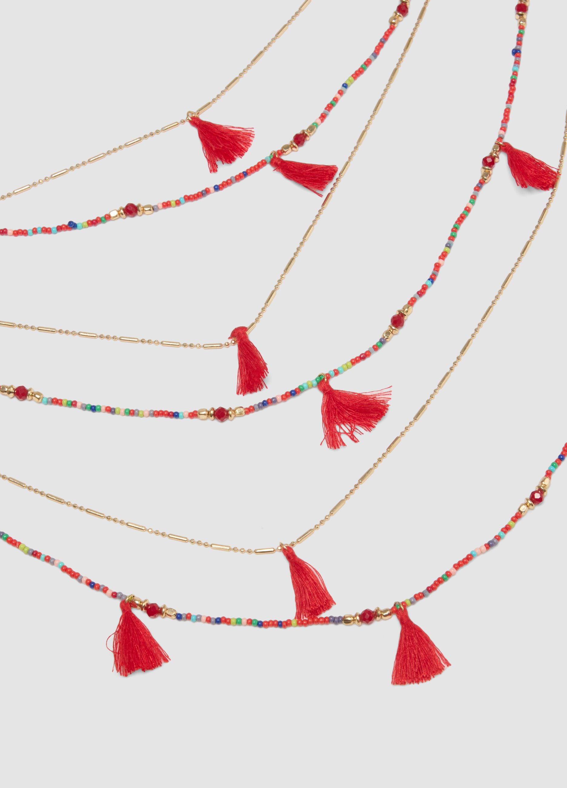 Multicolour necklace with red tassels