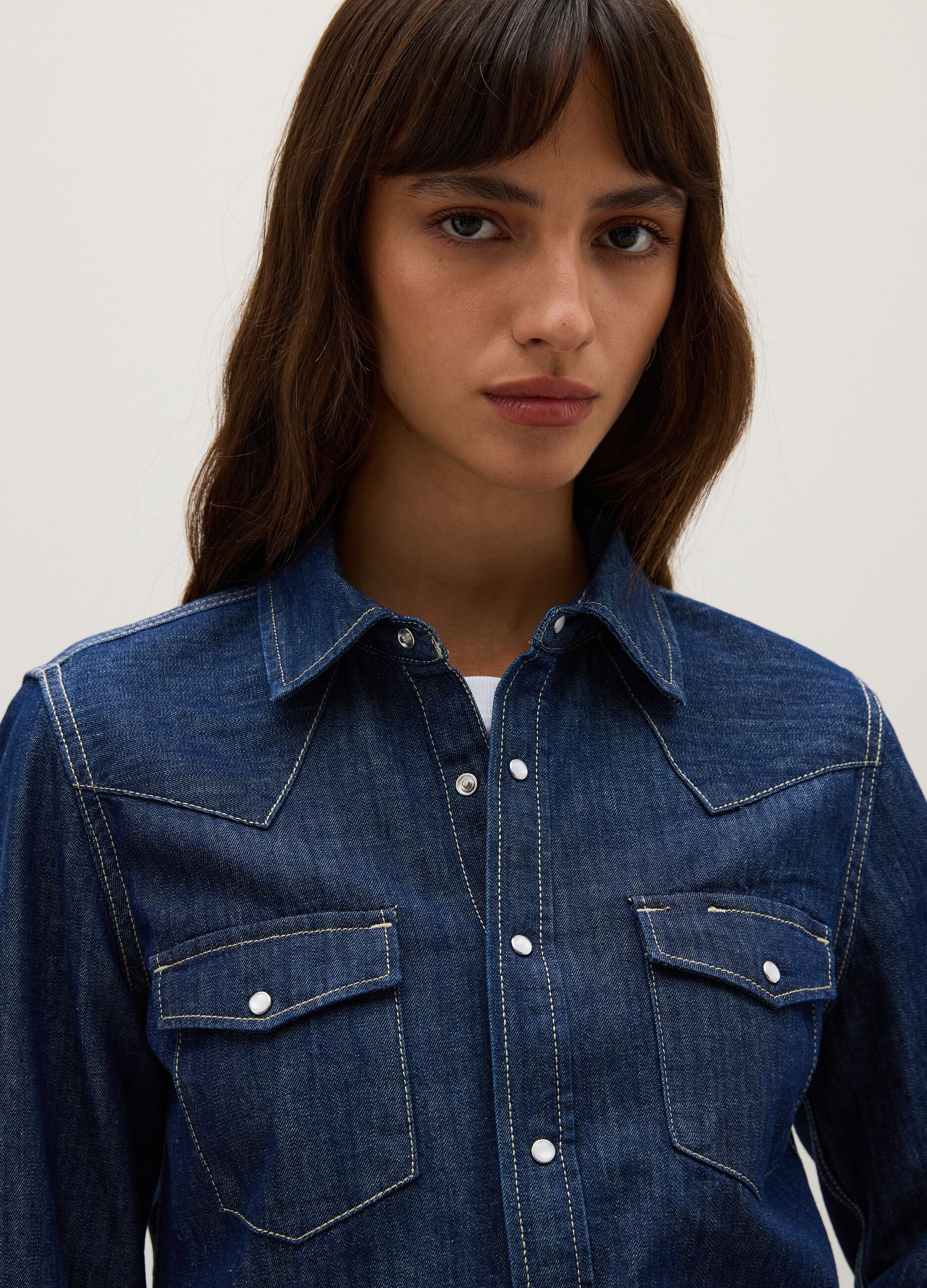 Blue denim shirt in pure cotton with long sleeves