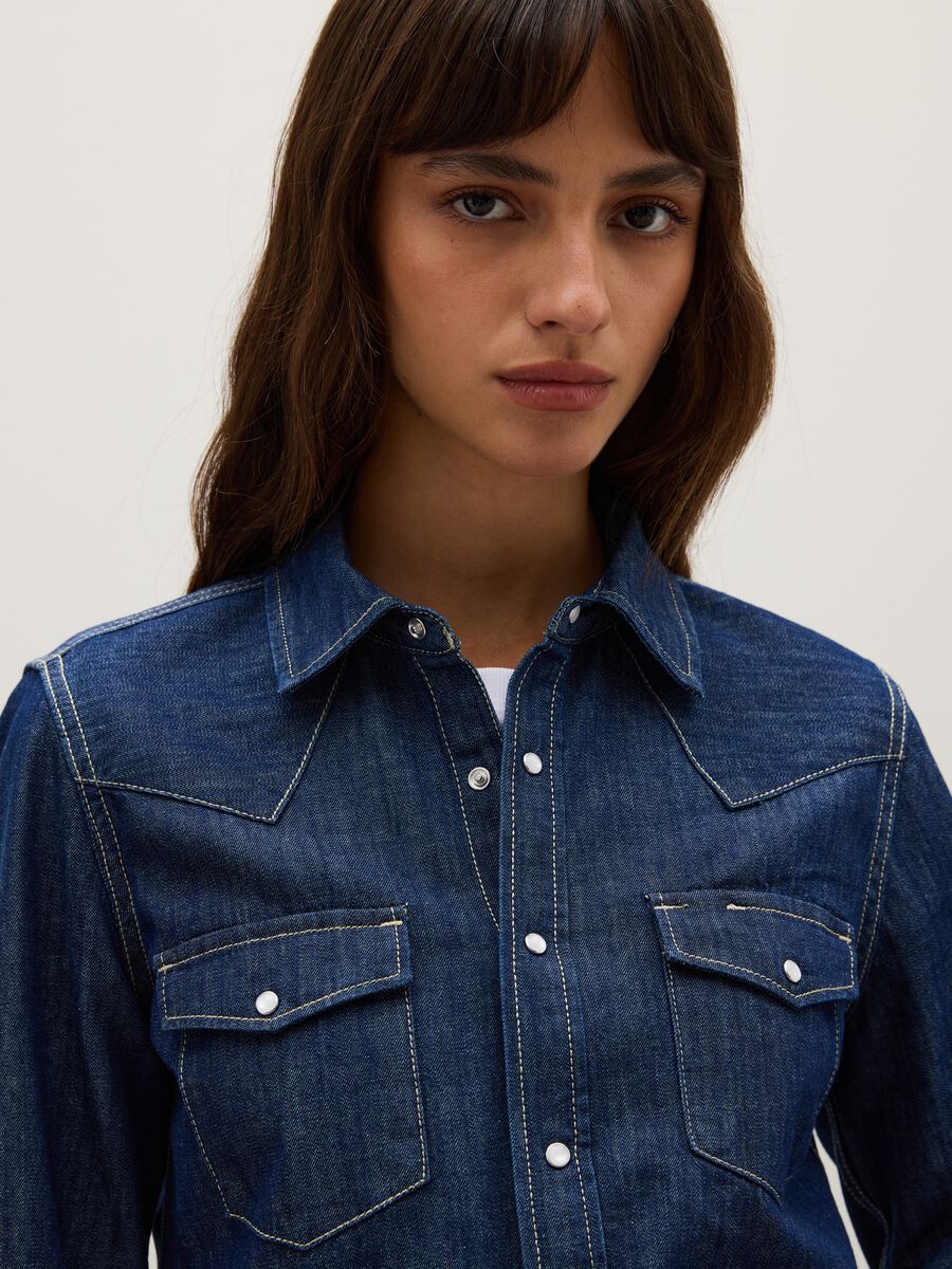 Blue denim shirt in pure cotton with long sleeves_2