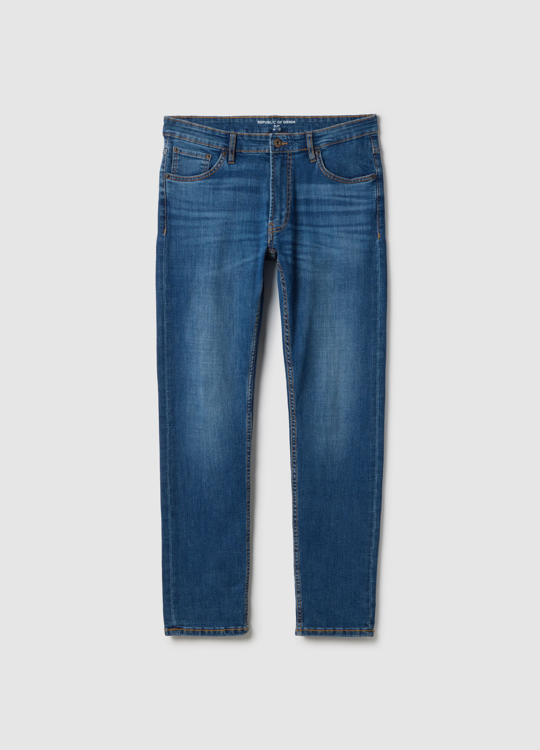 Slim fit blue stretch cotton jeans with five pockets