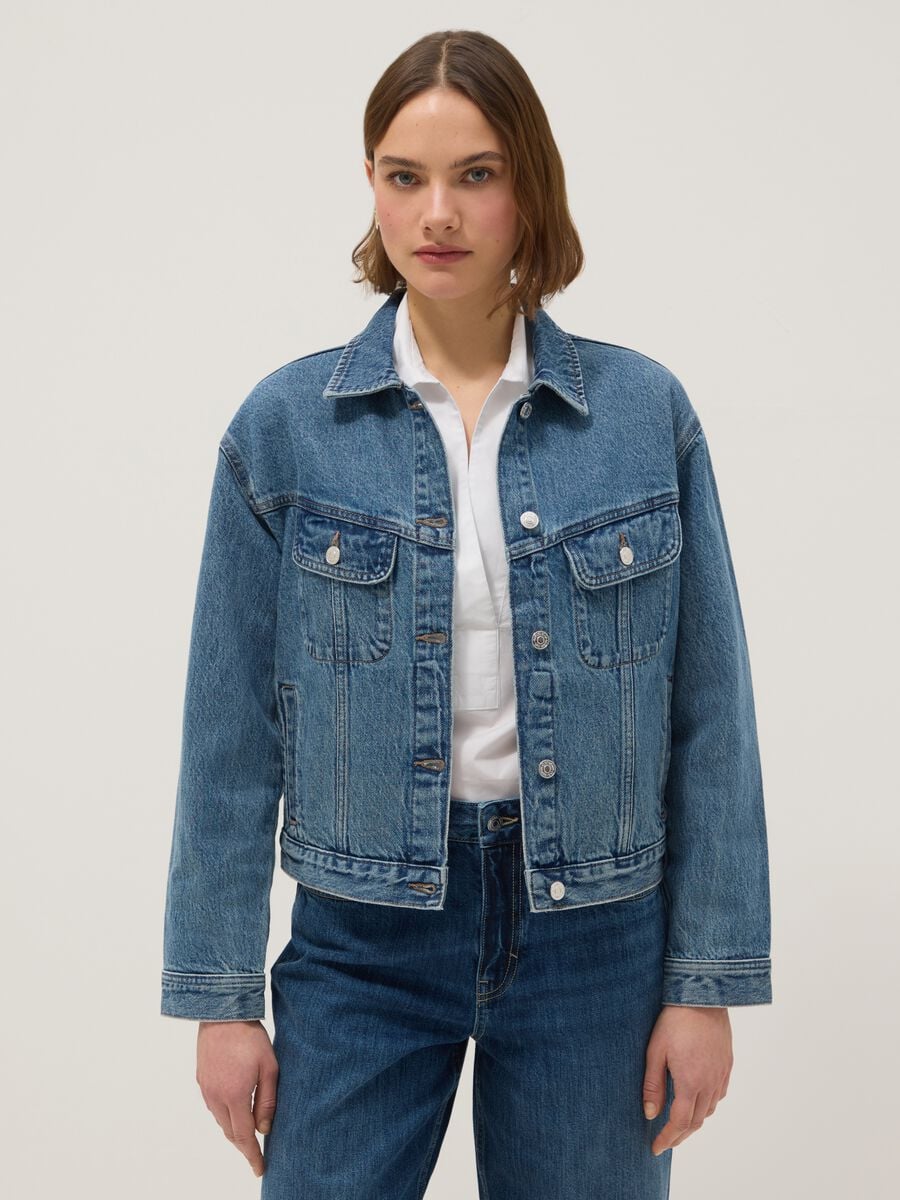 Giacca in puro cotone denim blu regular fit_1