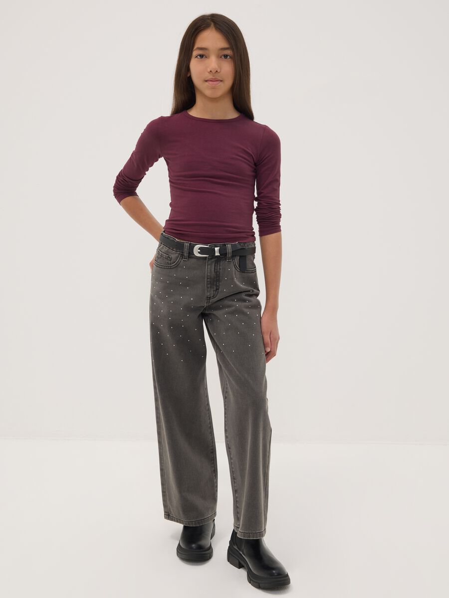 Jeans grigi wide leg in puro cotone con strass_0