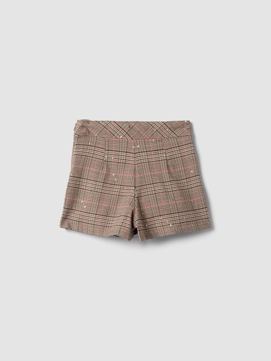Gonna pantalone marrone in viscosa elasticizzata a quadri per bambina_1