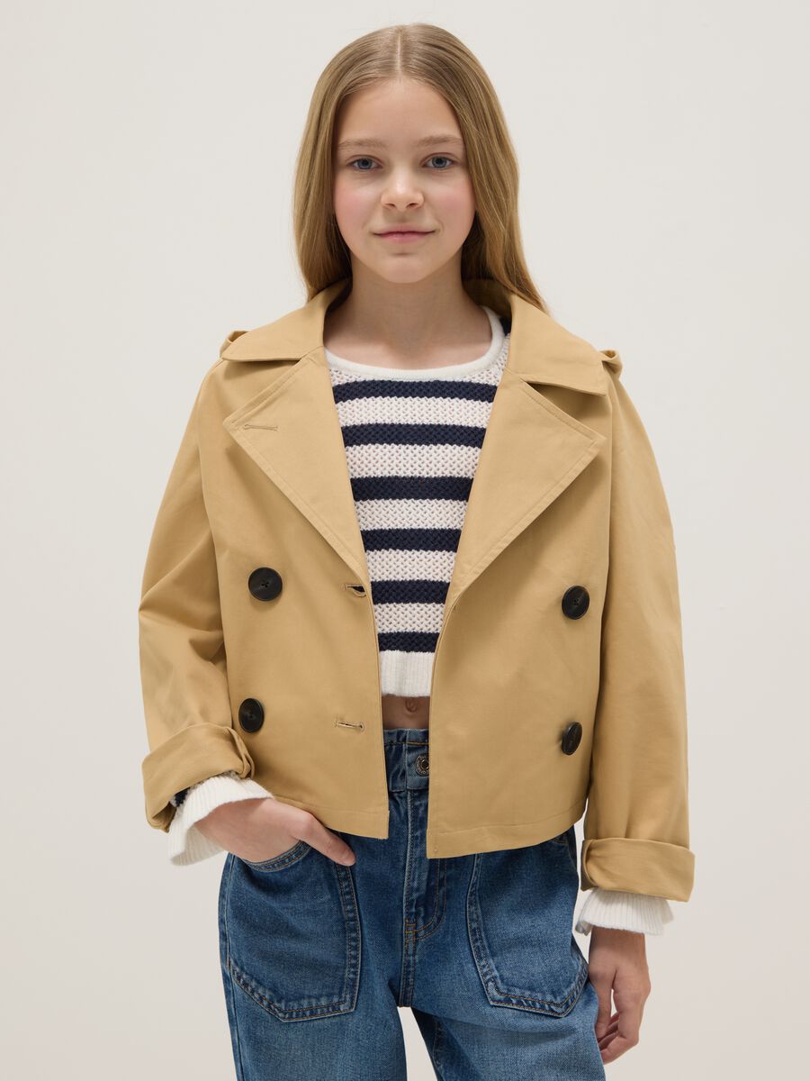 Girl's beige pure cotton jacket with hood, regular fit_0