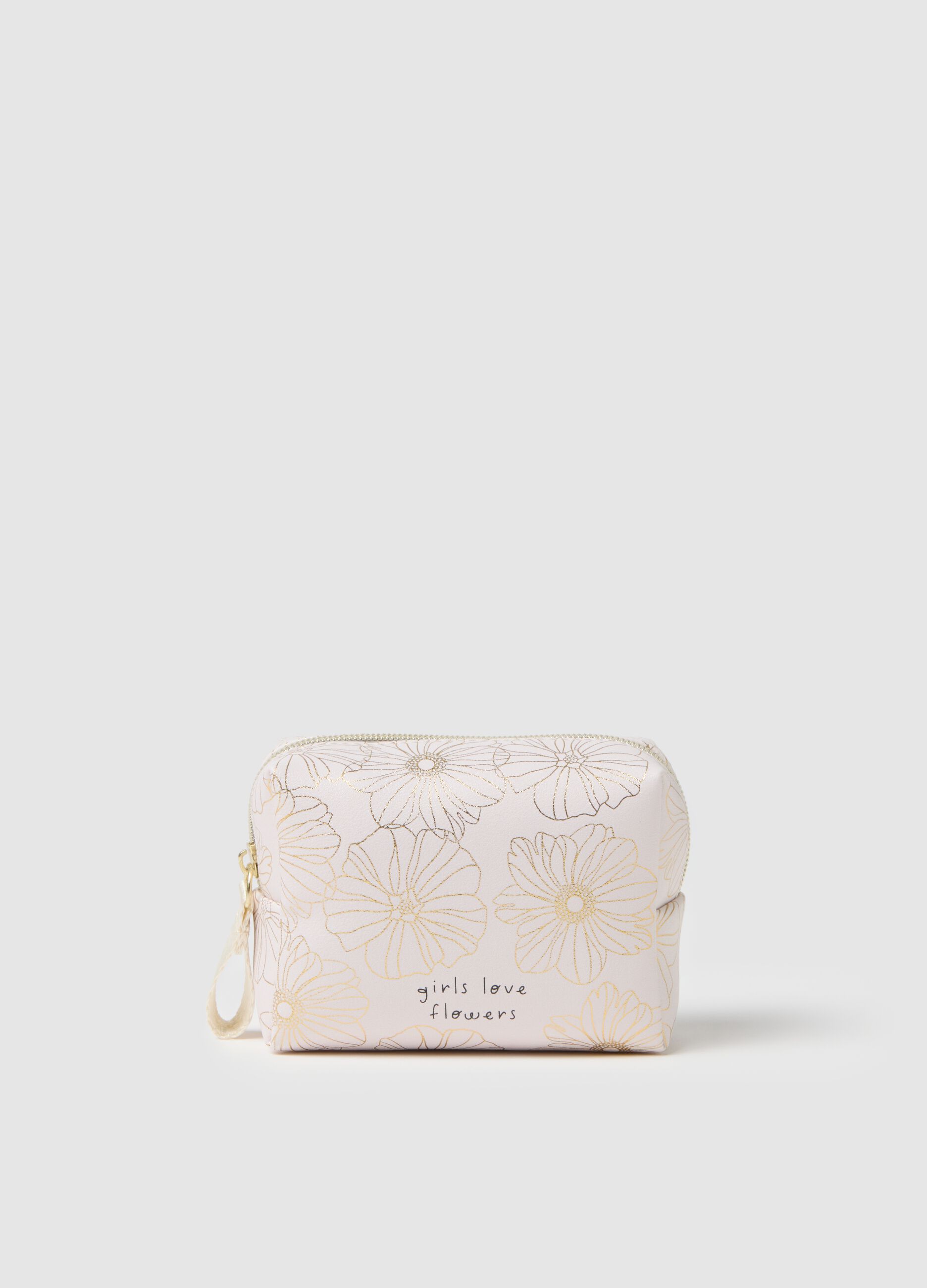 White toiletry bag with zip and floral design