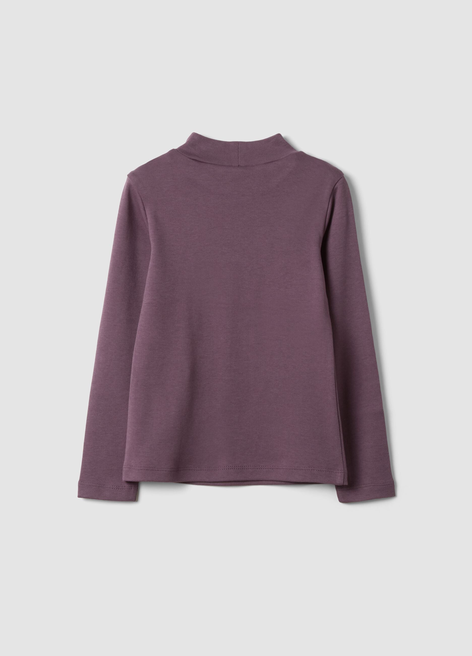 Purple organic cotton T-shirt with stand collar and animal print