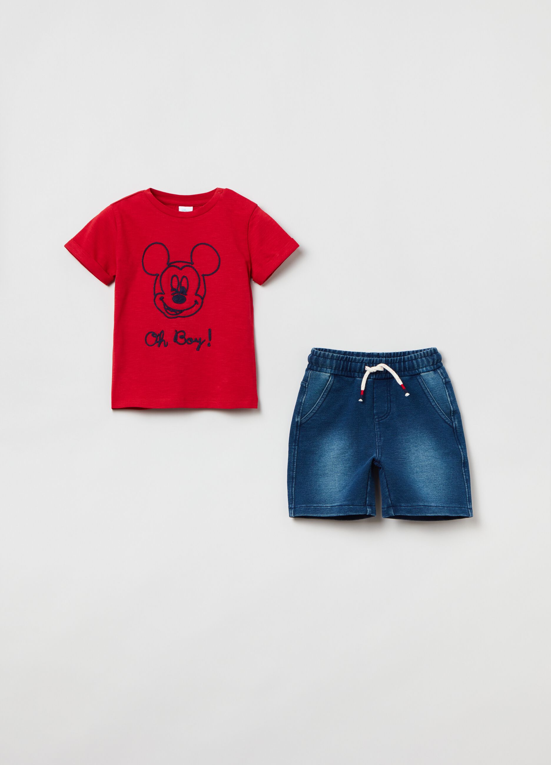 Jogging set t-shirt e pantaloncini ricamo Topolino 