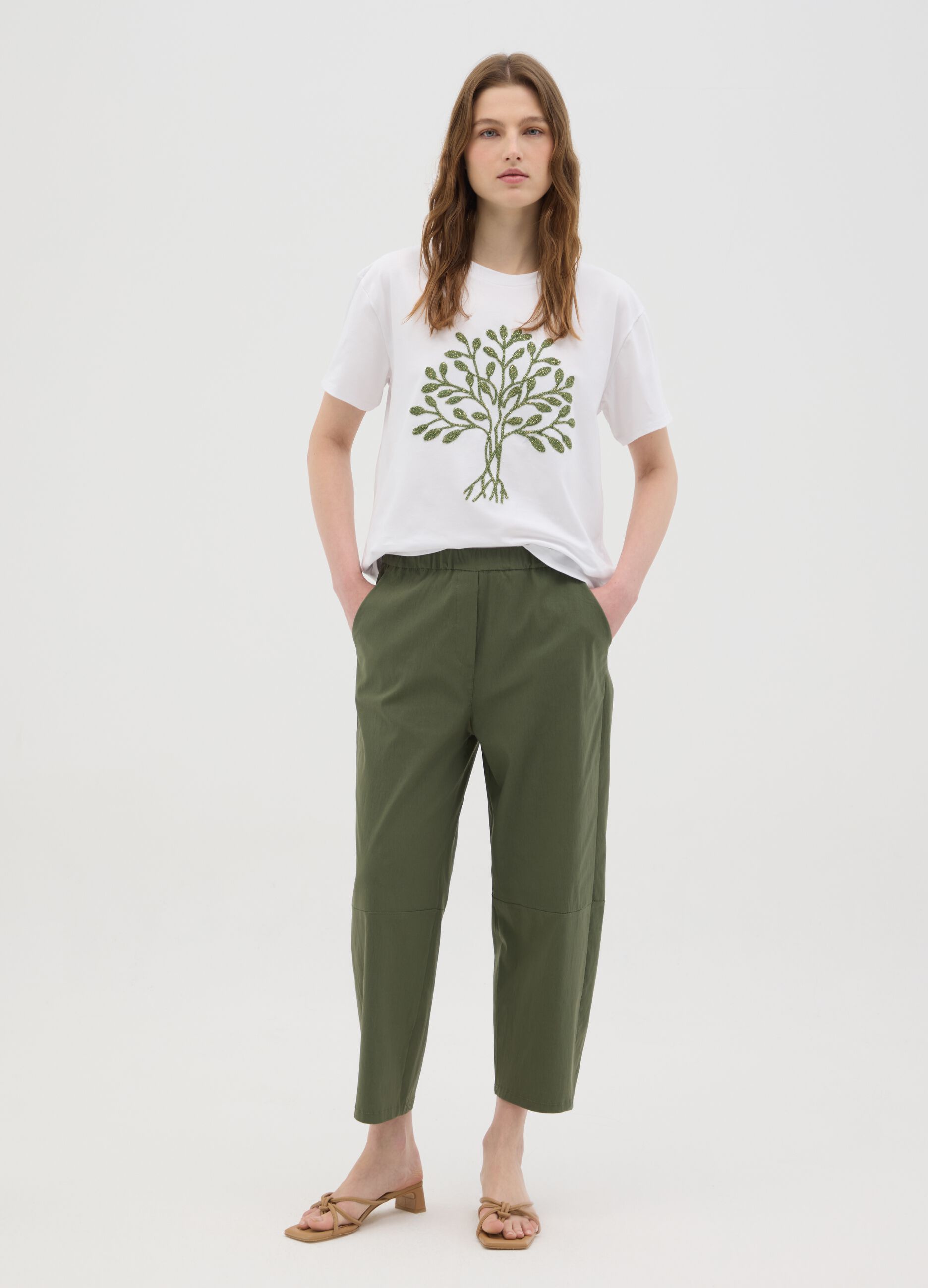 Women's Green Stretch Fabric Trousers Regular Fit