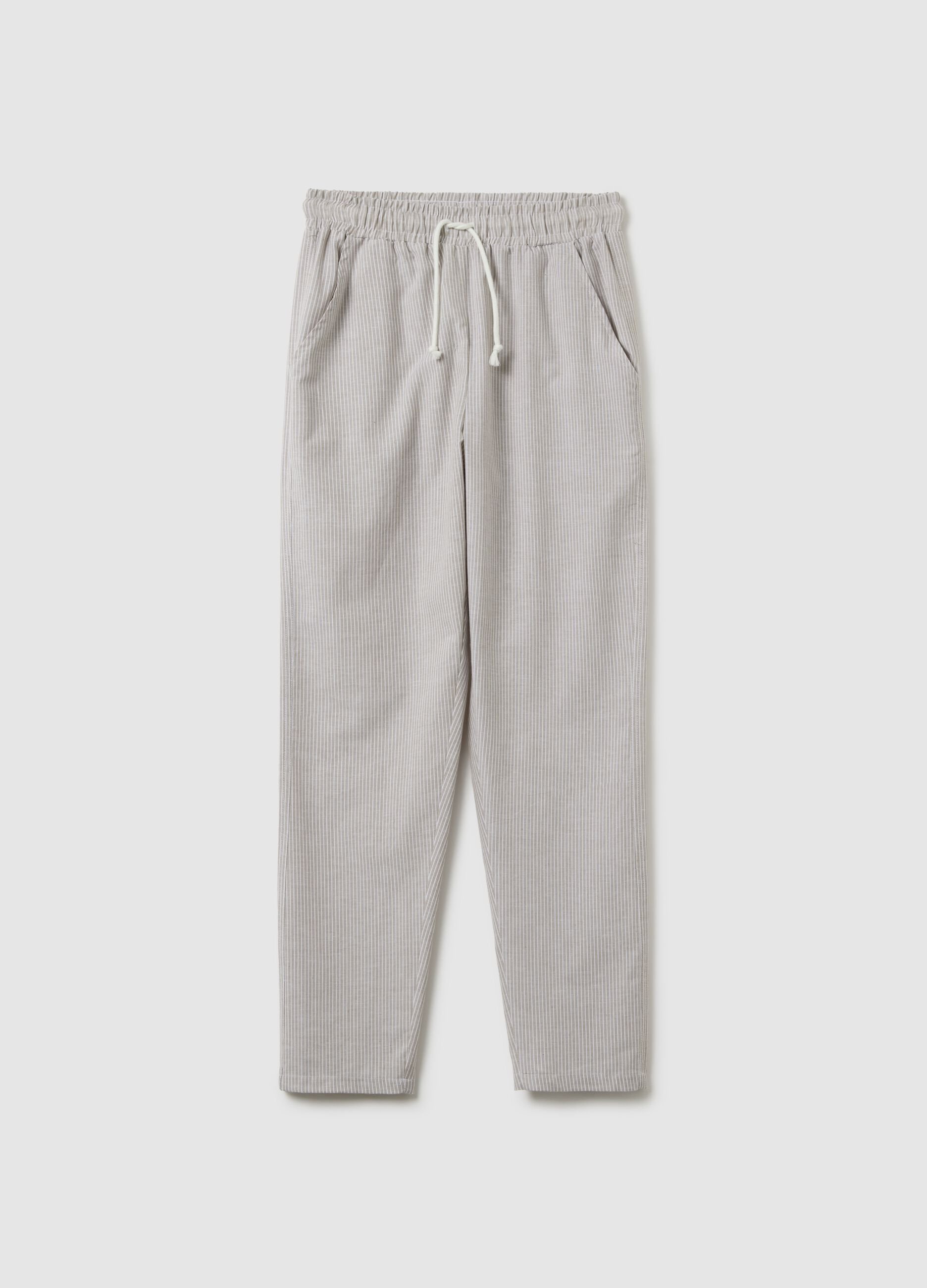 Men's pure cotton beige trousers regular fit with drawstring