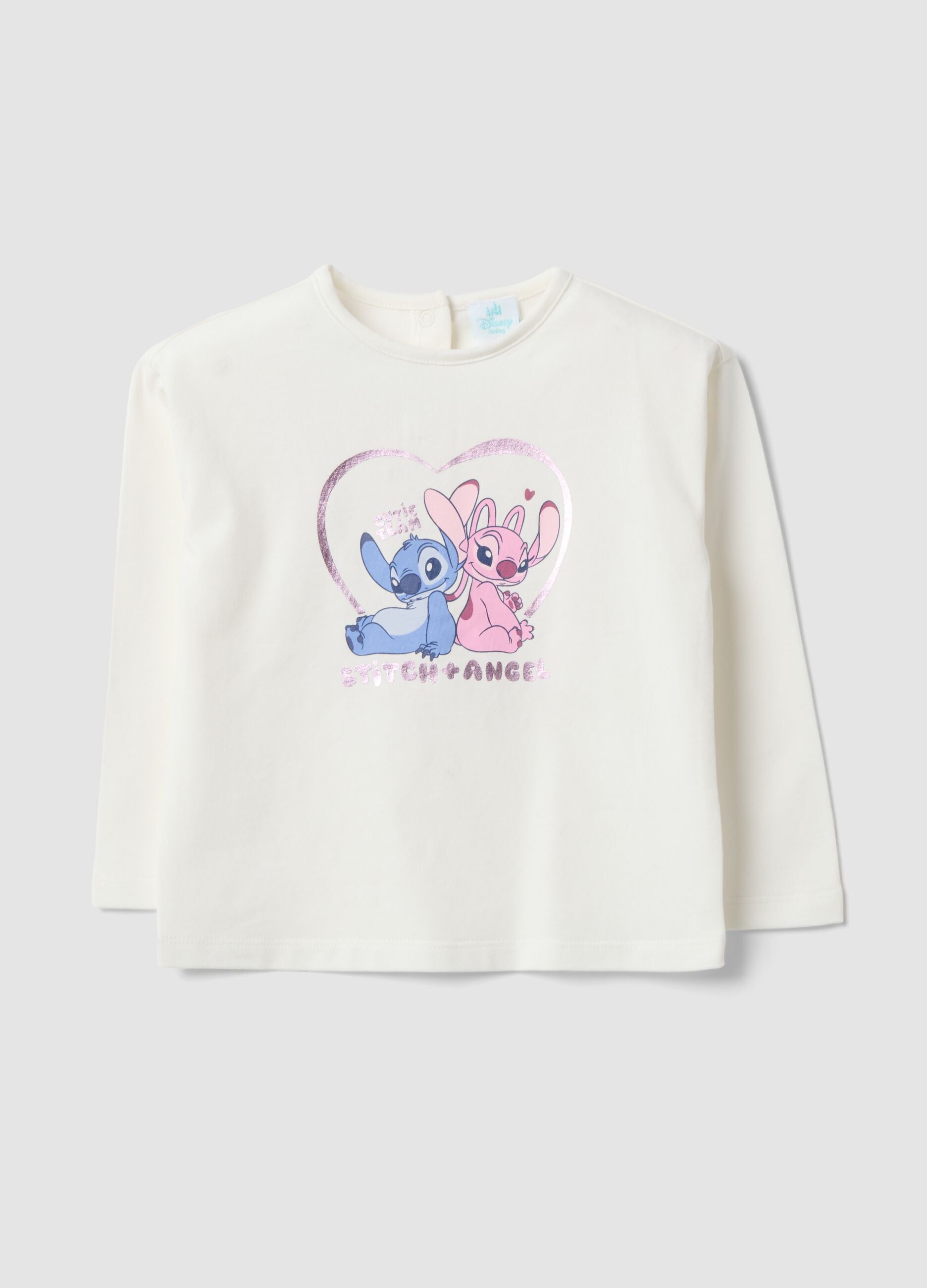 White long-sleeve stretch-cotton T-shirt with Lilo & Stitch print