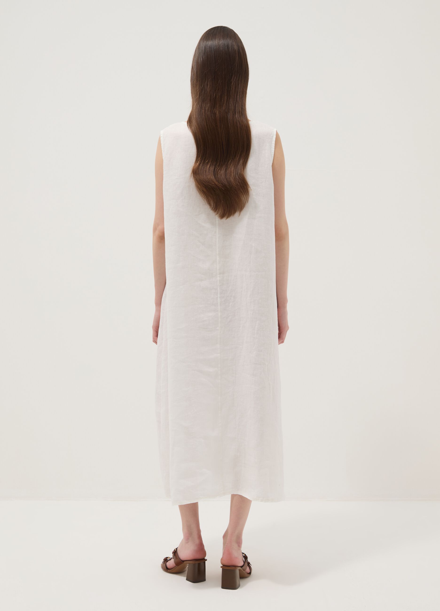 Long white pure linen dress, regular fit