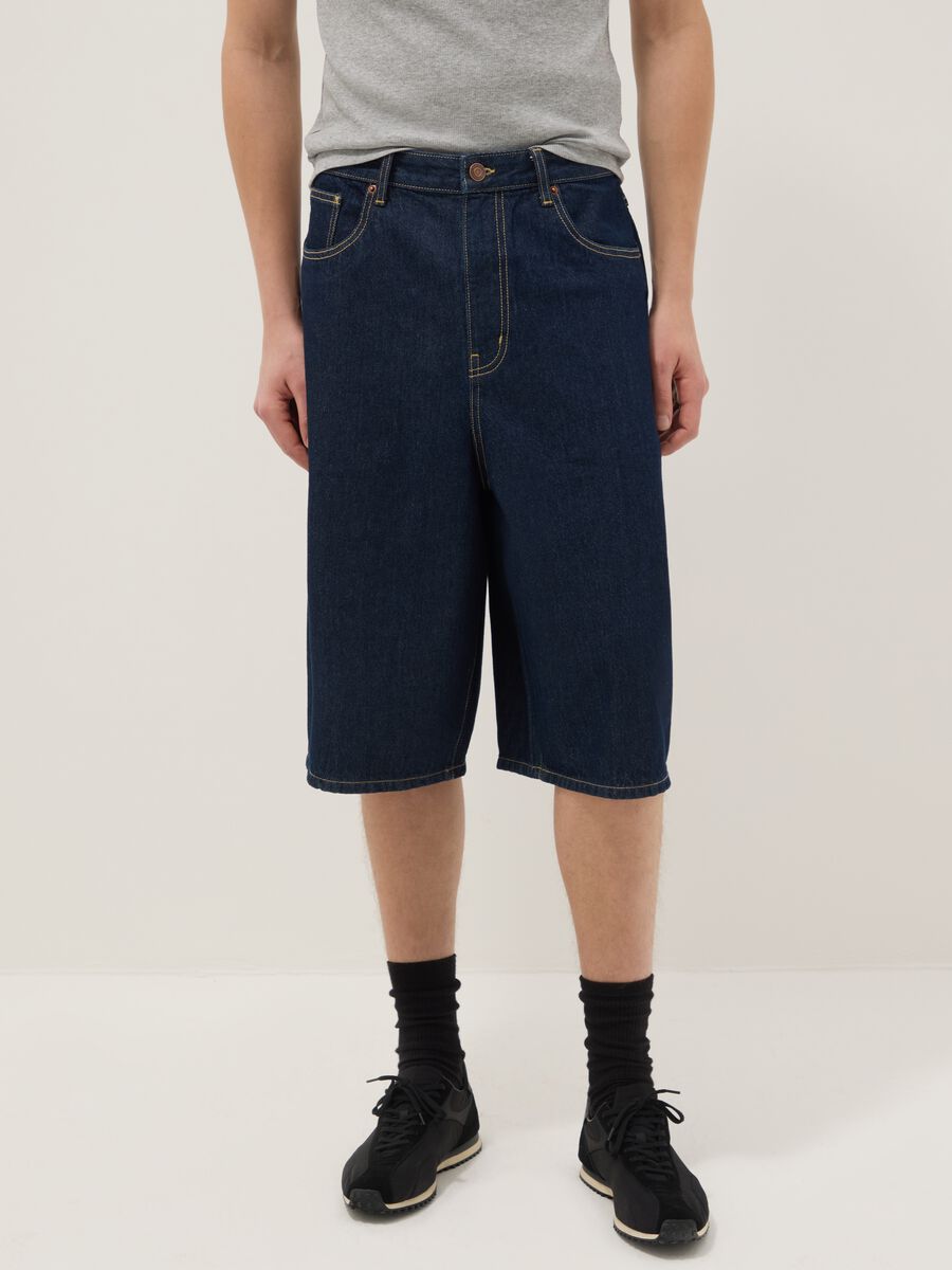 Blue denim slim fit pure cotton shorts_1