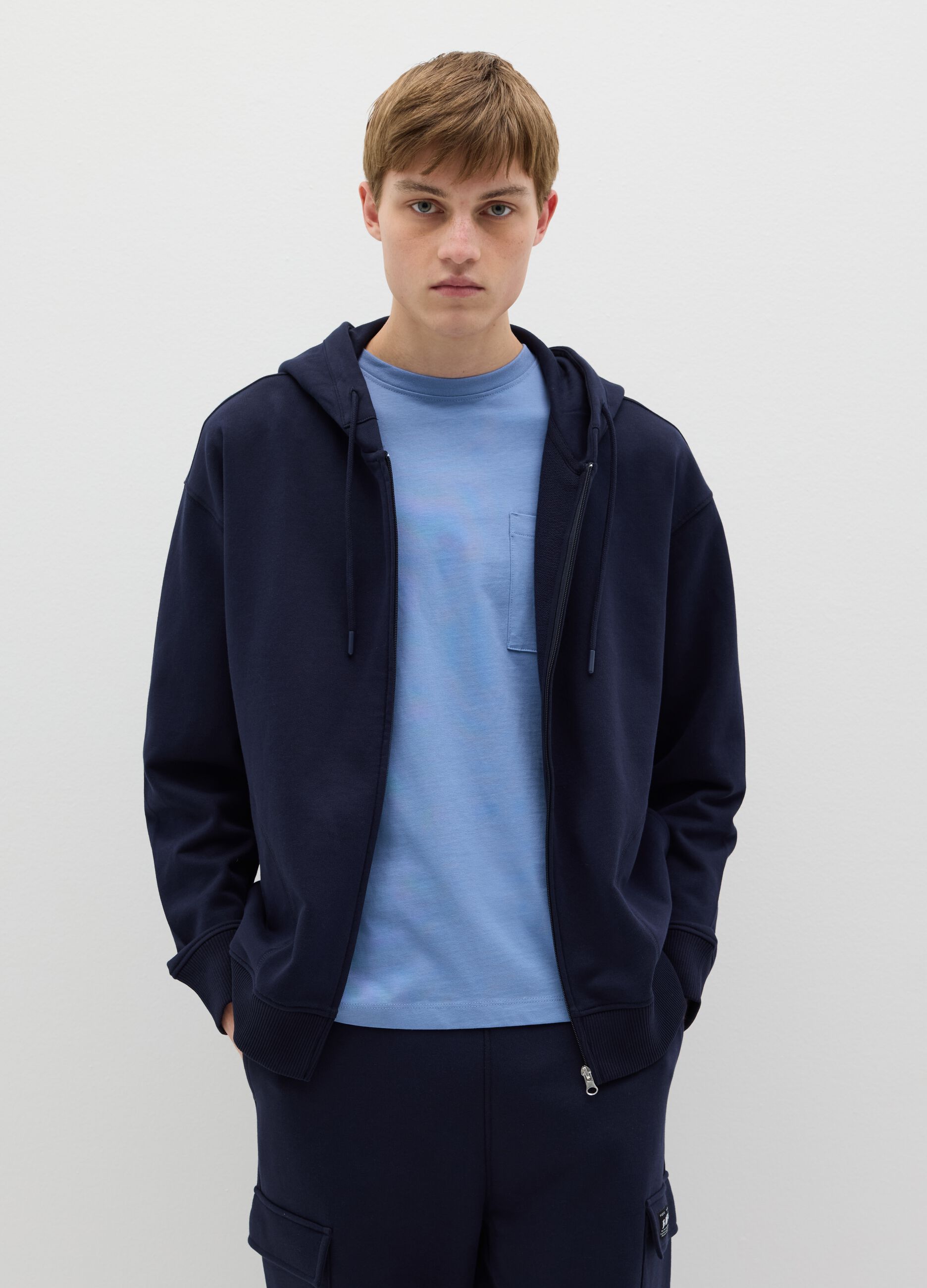 Over-fit full-zip sweatshirt in cotton with hood