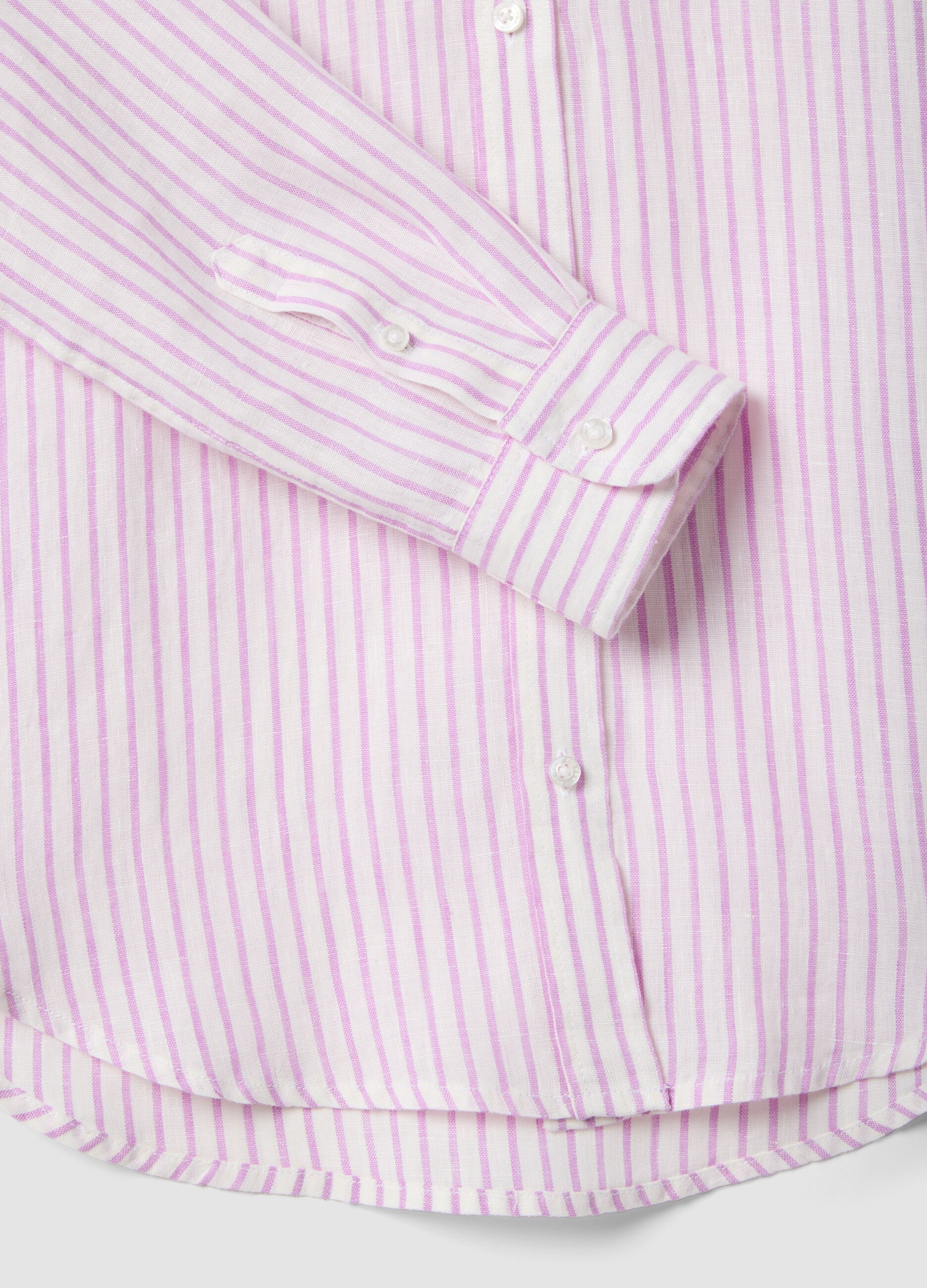 White and pink striped pure linen shirt, regular fit