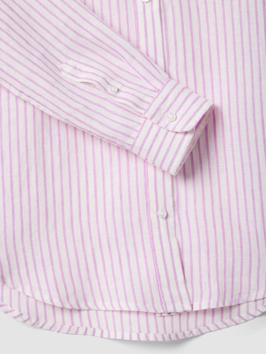 Camicia in puro lino a  righe bianche e rosa regular fit_1