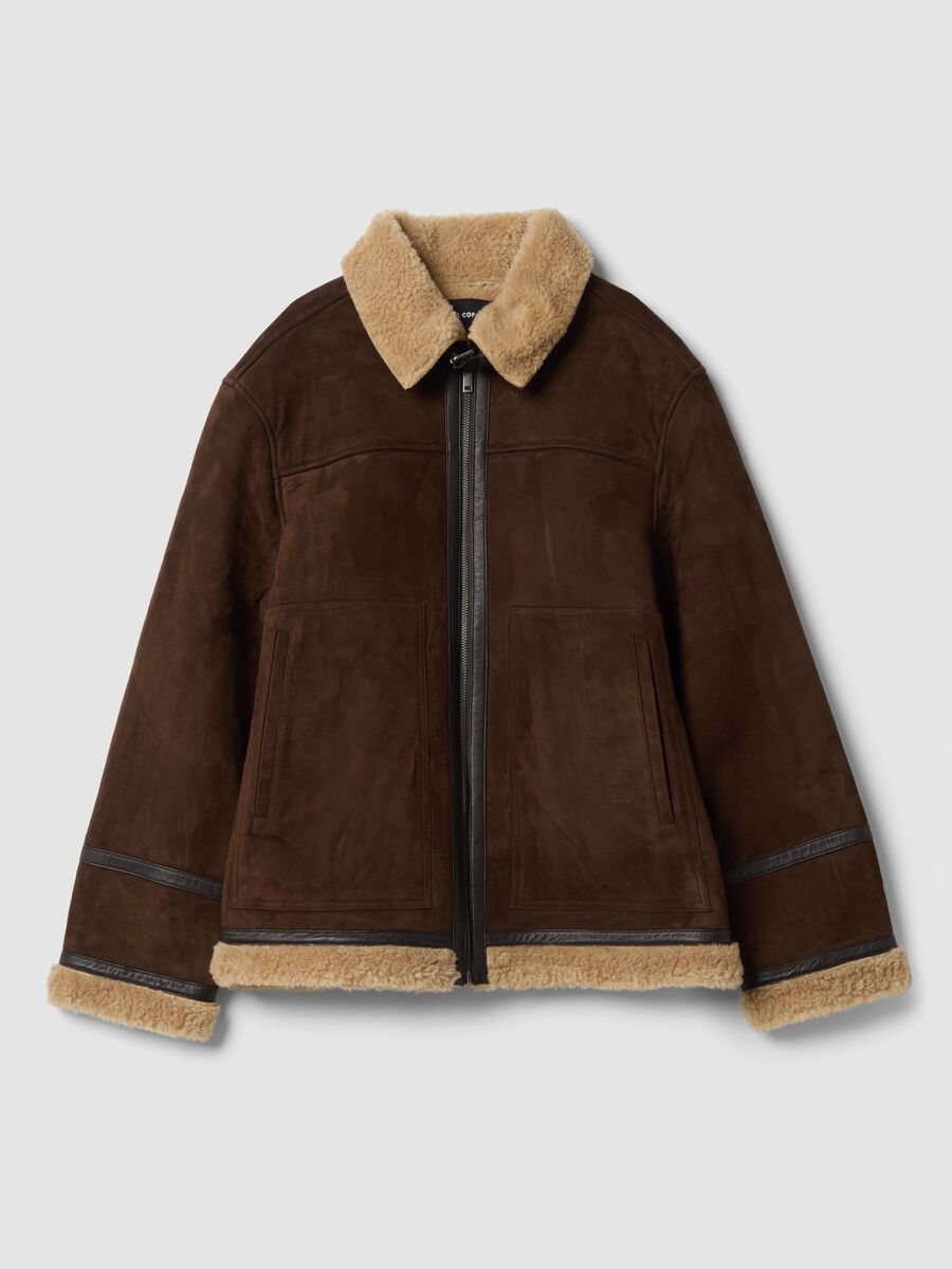 Giacca marrone scuro in vera pelle con zip e profili a contrasto_0