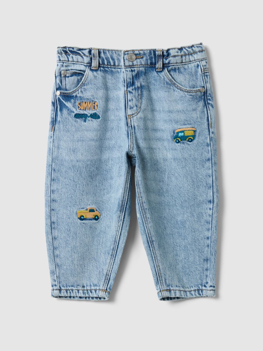 Regular fit blue cotton-blend trousers for boys with embroidered cars_0