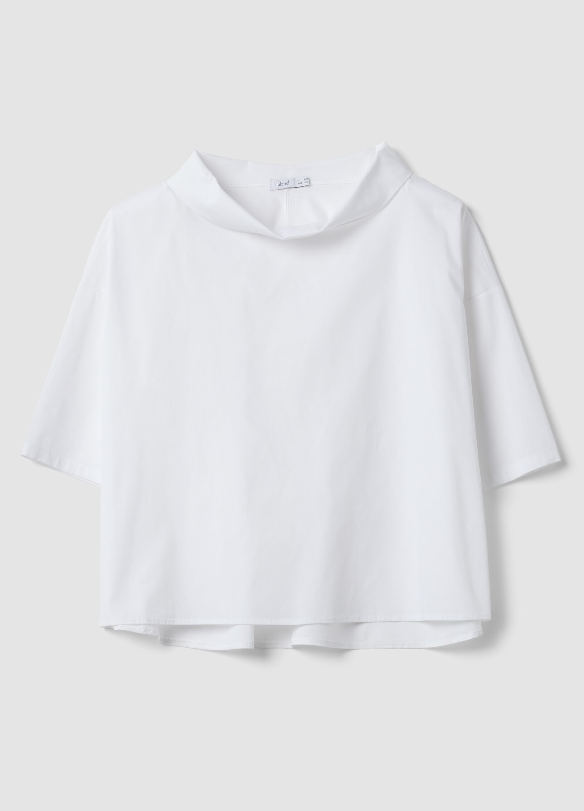 White stretch-cotton top with soft funnel neck