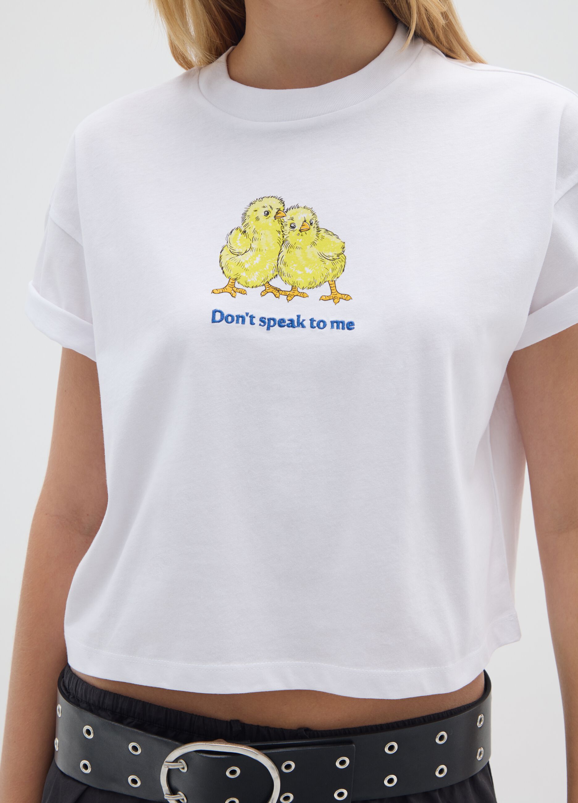 White pure cotton regular fit t-shirt with chicks