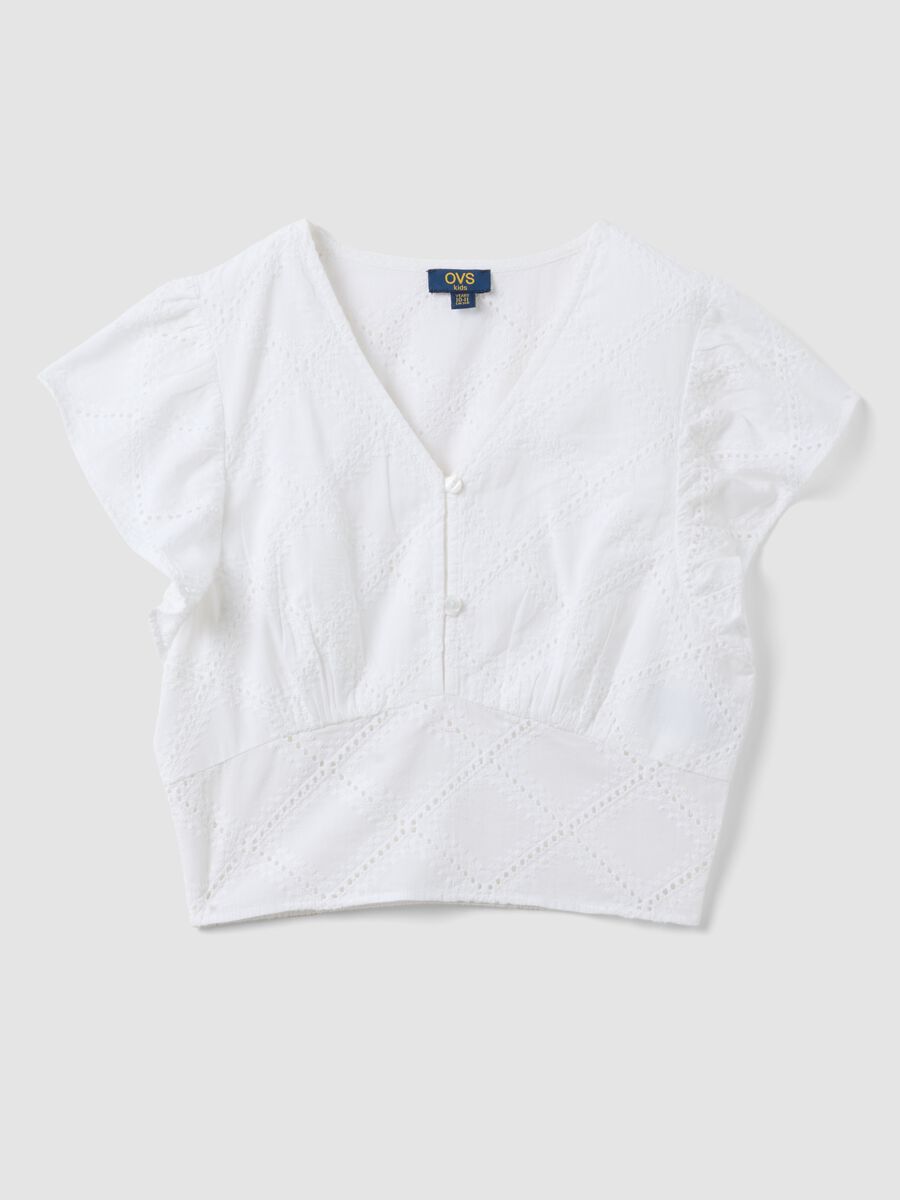 Camicia a maniche corte in puro cotone bianca da ragazza regular fit_3