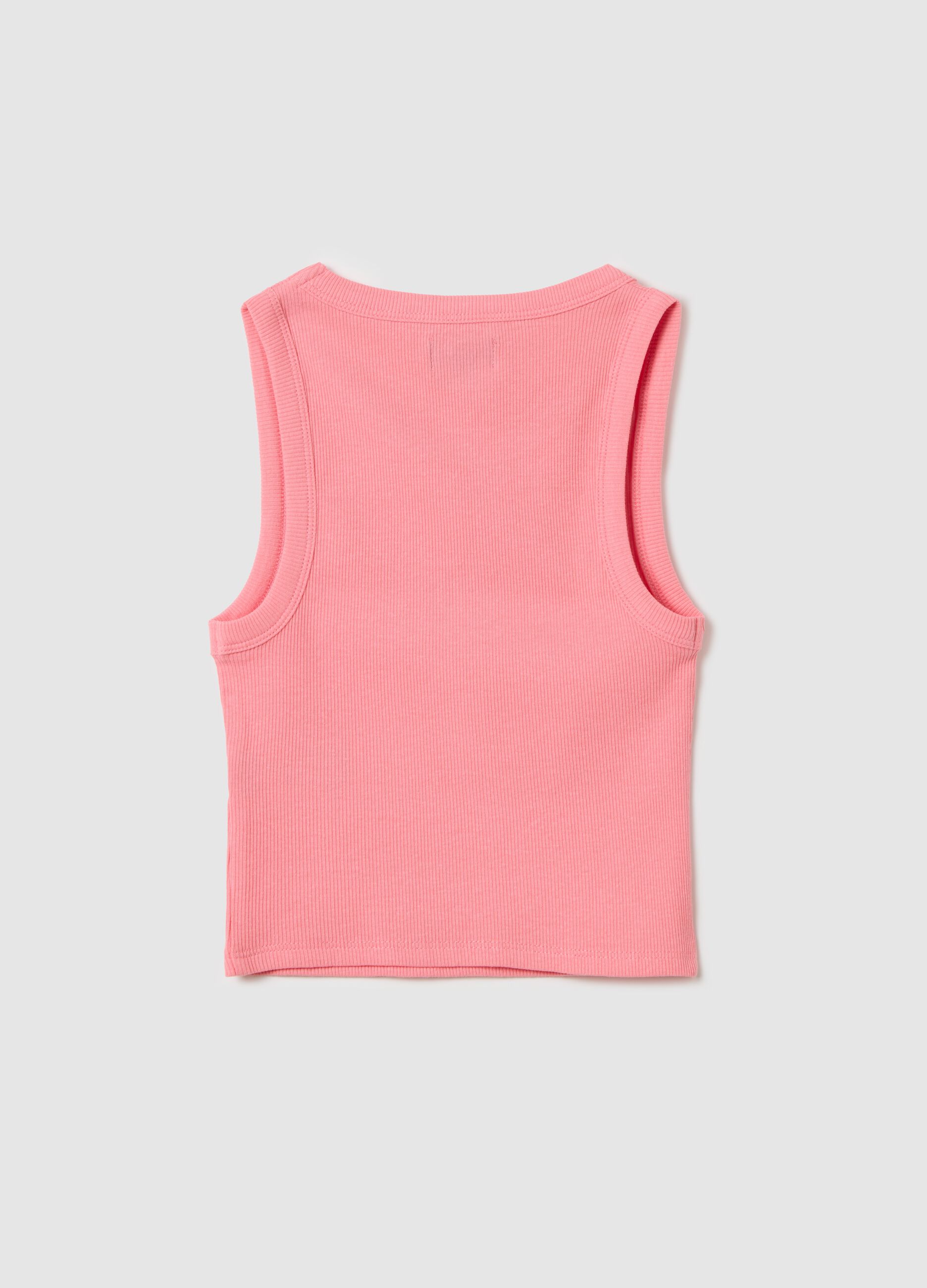 Pink ribbed stretch cotton tank top with print