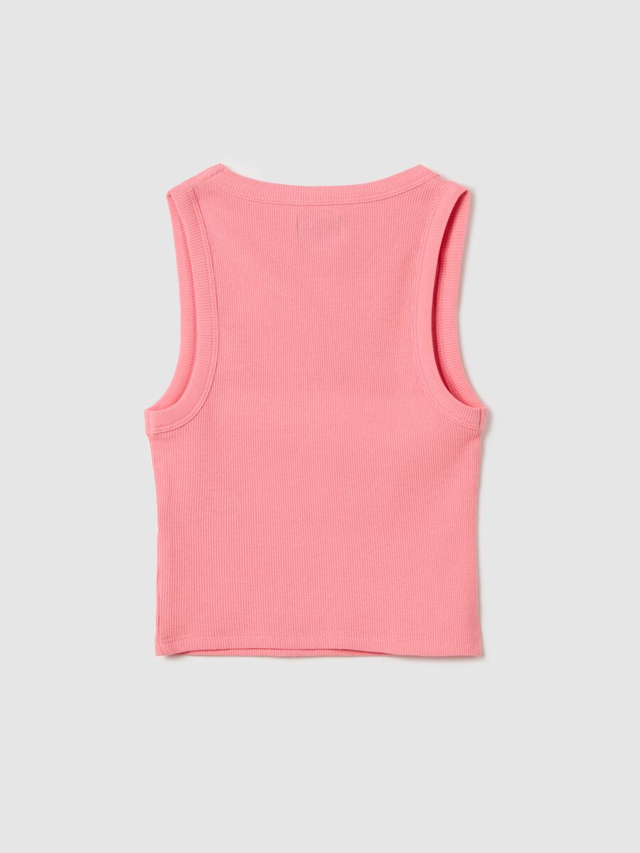 Tank top rosa in cotone stretch a costine con stampa_4