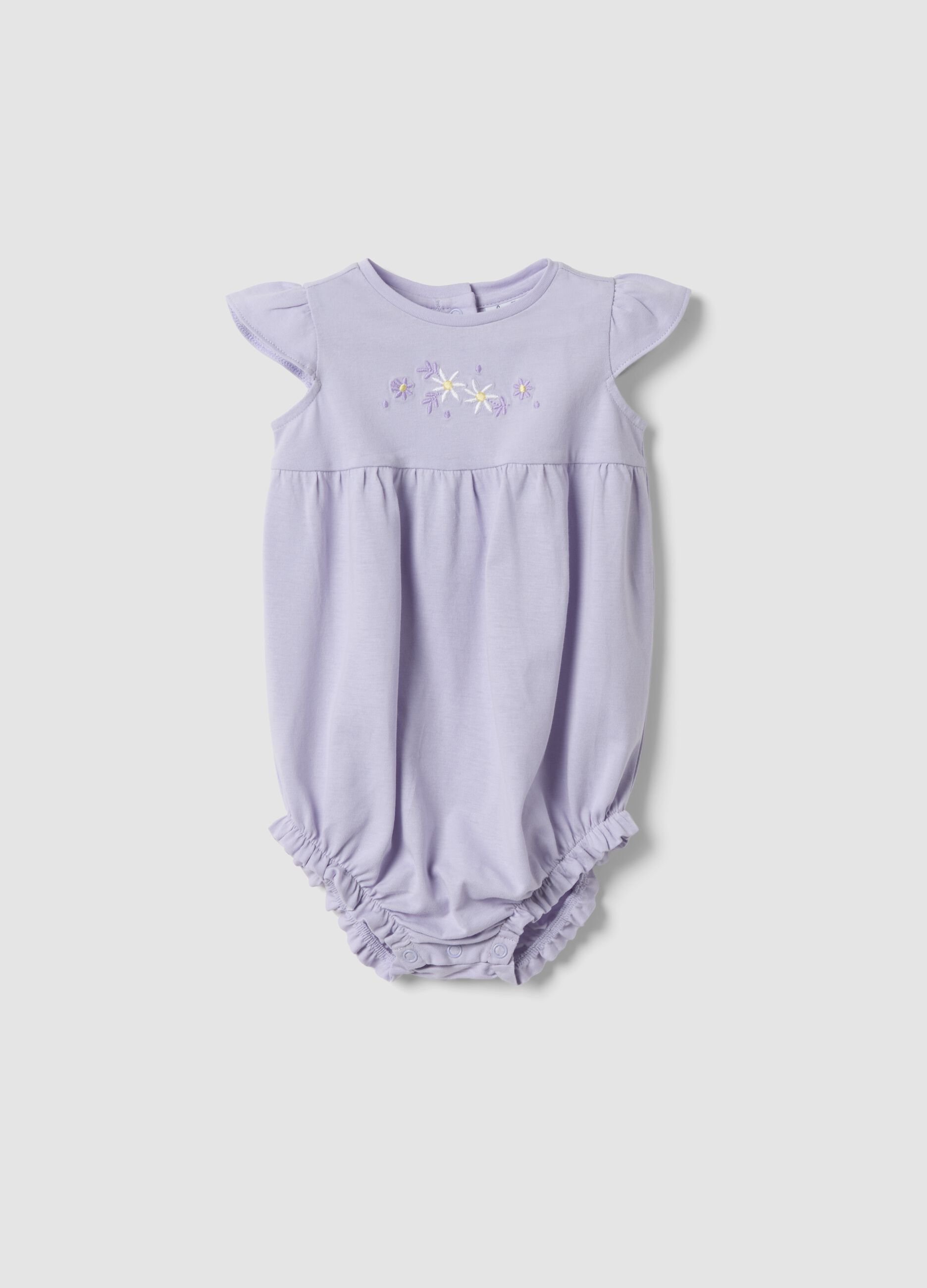 Purple pure cotton romper with ruffle sleeves for baby girl